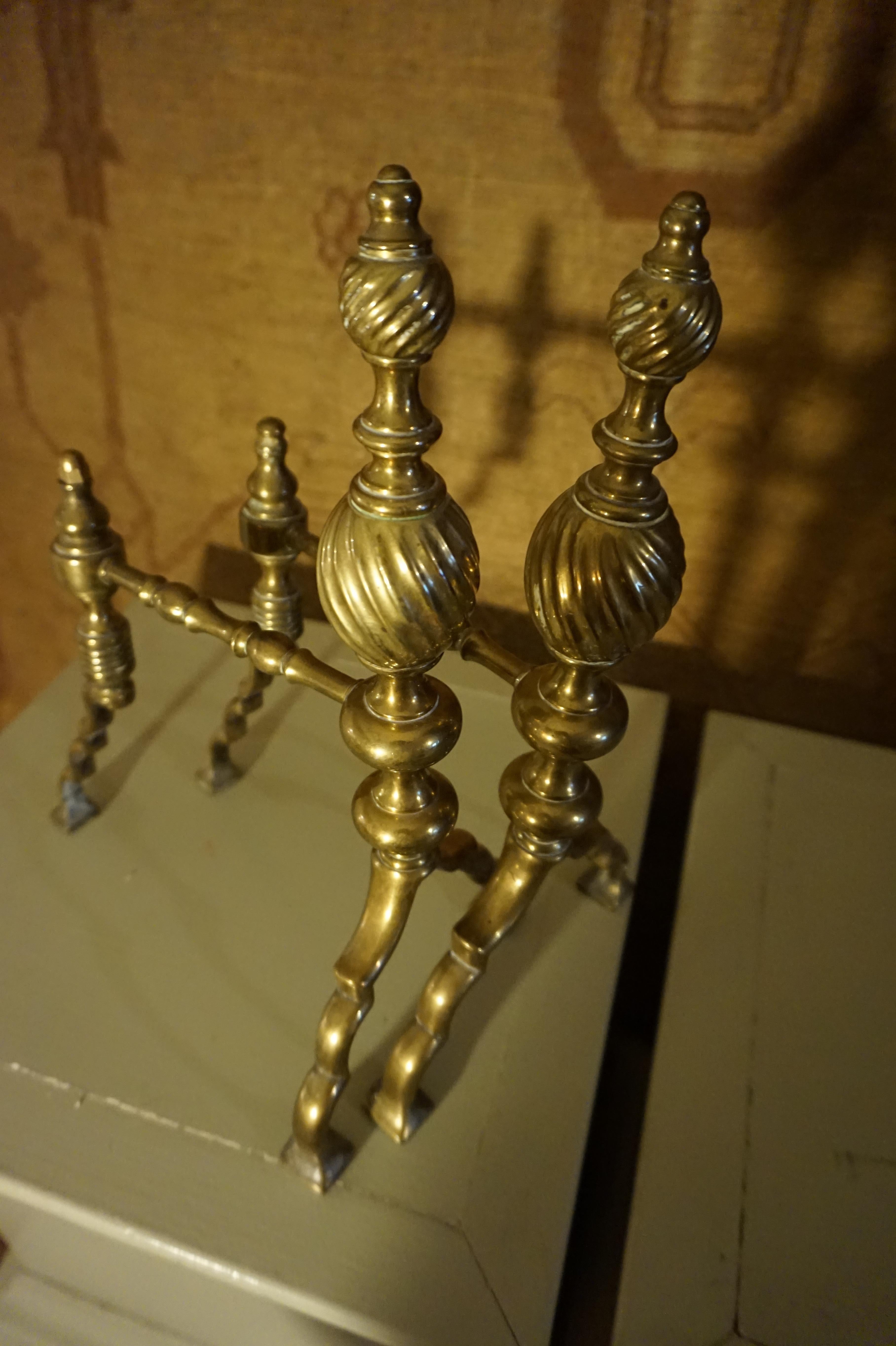Forged Fine Victorian English Brass Andirons Fire Dogs For Sale