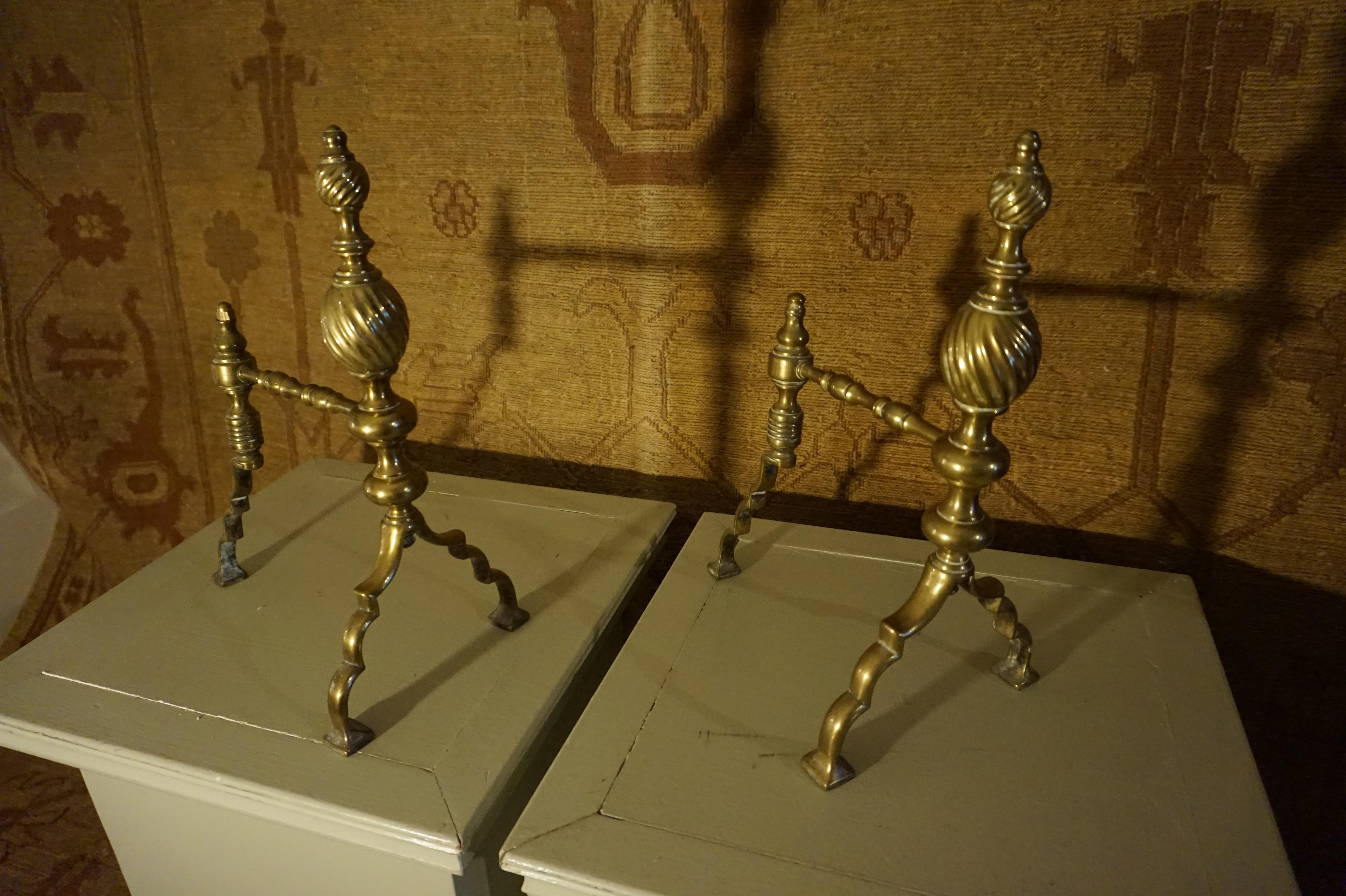 Fine Victorian English Brass Andirons Fire Dogs For Sale 1