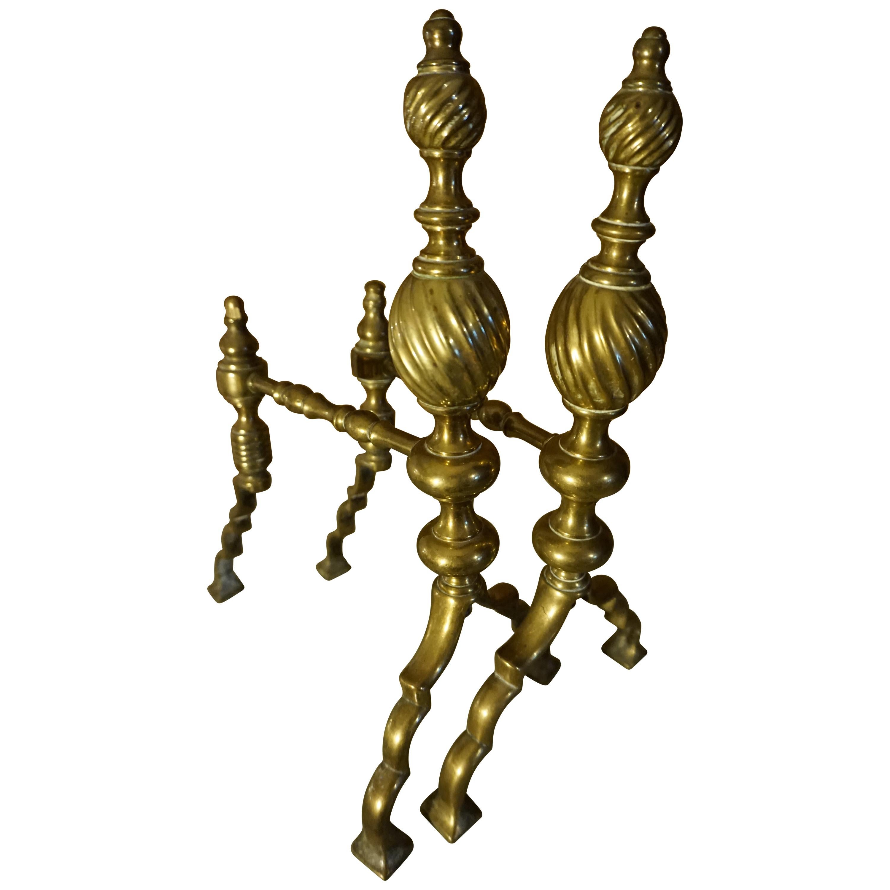 Fine Victorian English Brass Andirons Fire Dogs For Sale