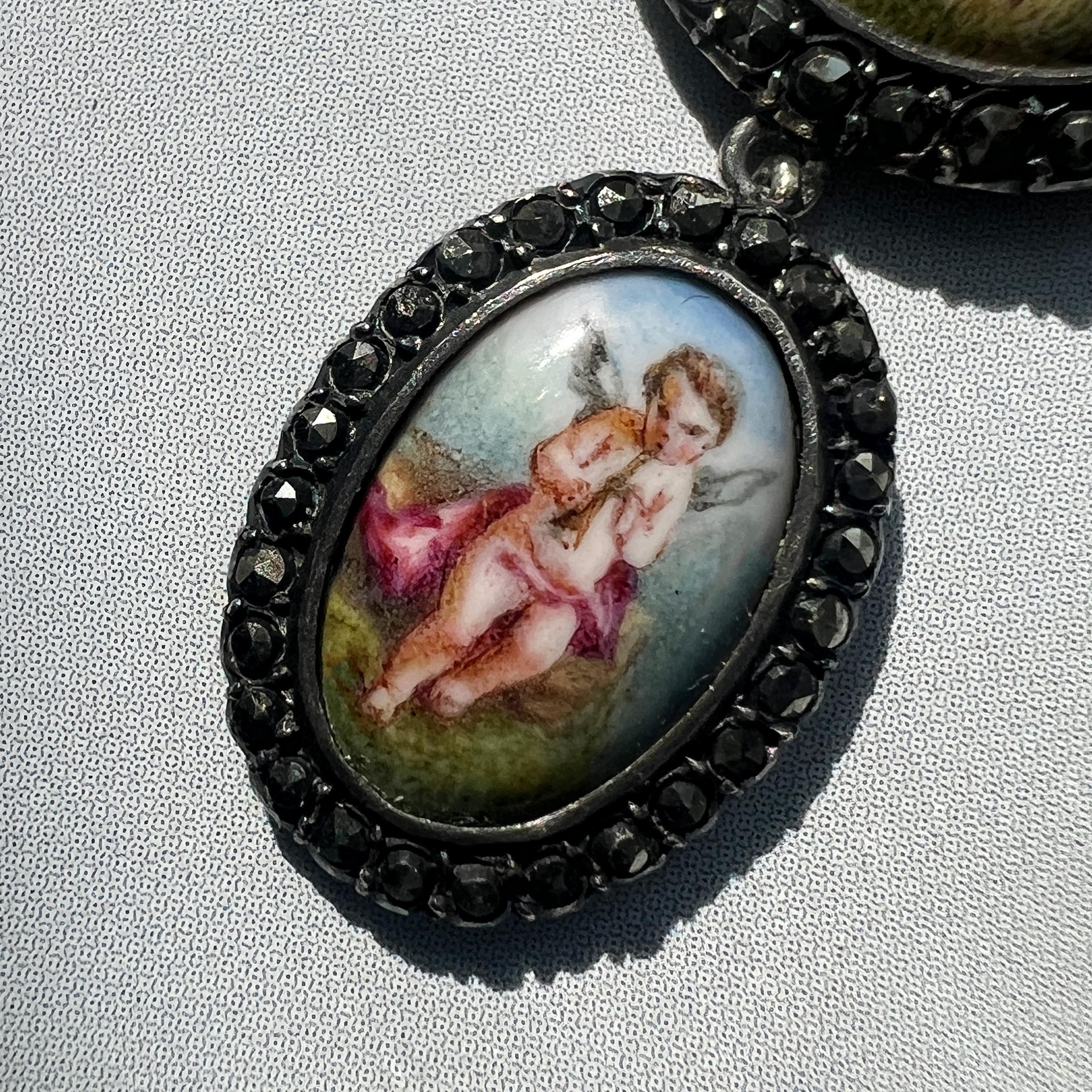 Women's or Men's Fine Victorian Era Double Enamel Miniatures Bow Pendant For Sale