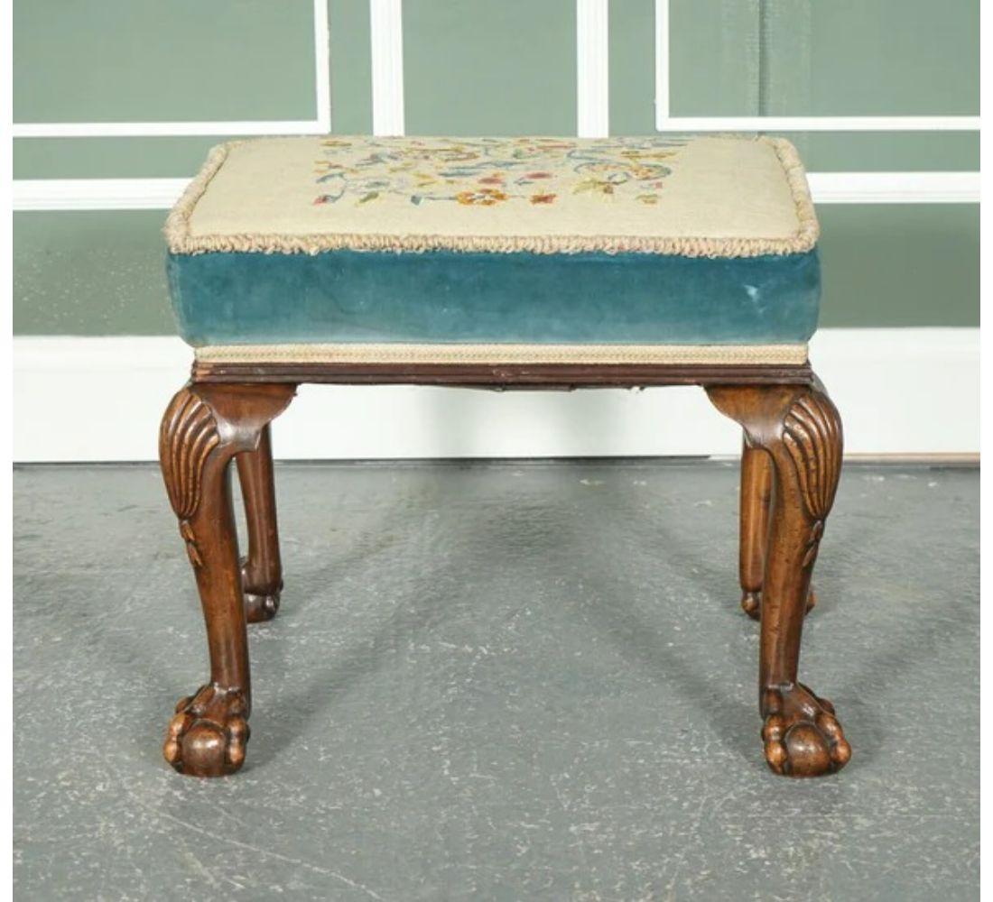 British Fine Victorian Flower Upholstery Claw and Ball Carved Foot Stool For Sale