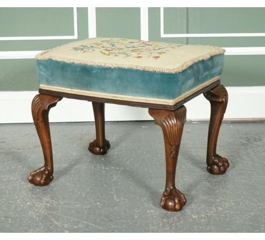 Hand-Crafted Fine Victorian Flower Upholstery Claw and Ball Carved Foot Stool For Sale