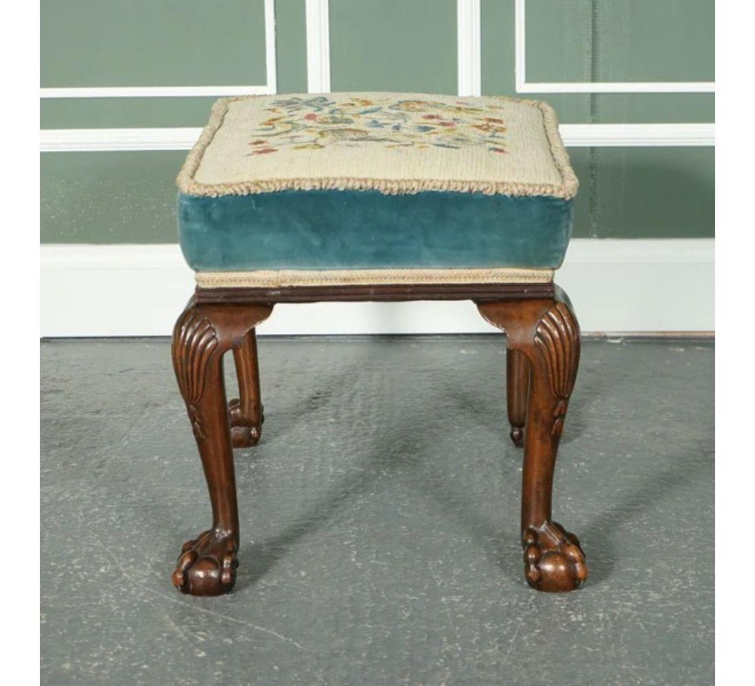 Hand-Crafted Fine Victorian Flower Upholstery Claw and Ball Carved Foot Stool For Sale