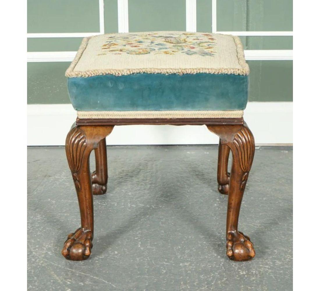 Hardwood Fine Victorian Flower Upholstery Claw and Ball Carved Foot Stool For Sale