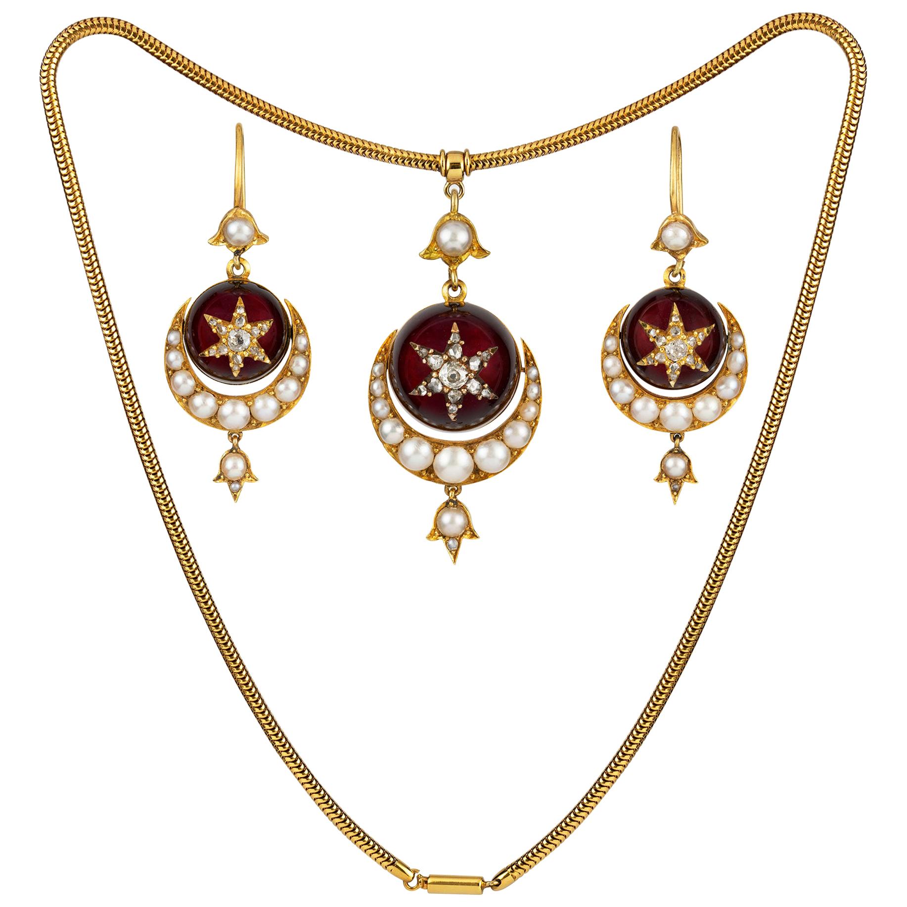 Semi-Parure aus viktorianischem Granat, Perle und Diamant