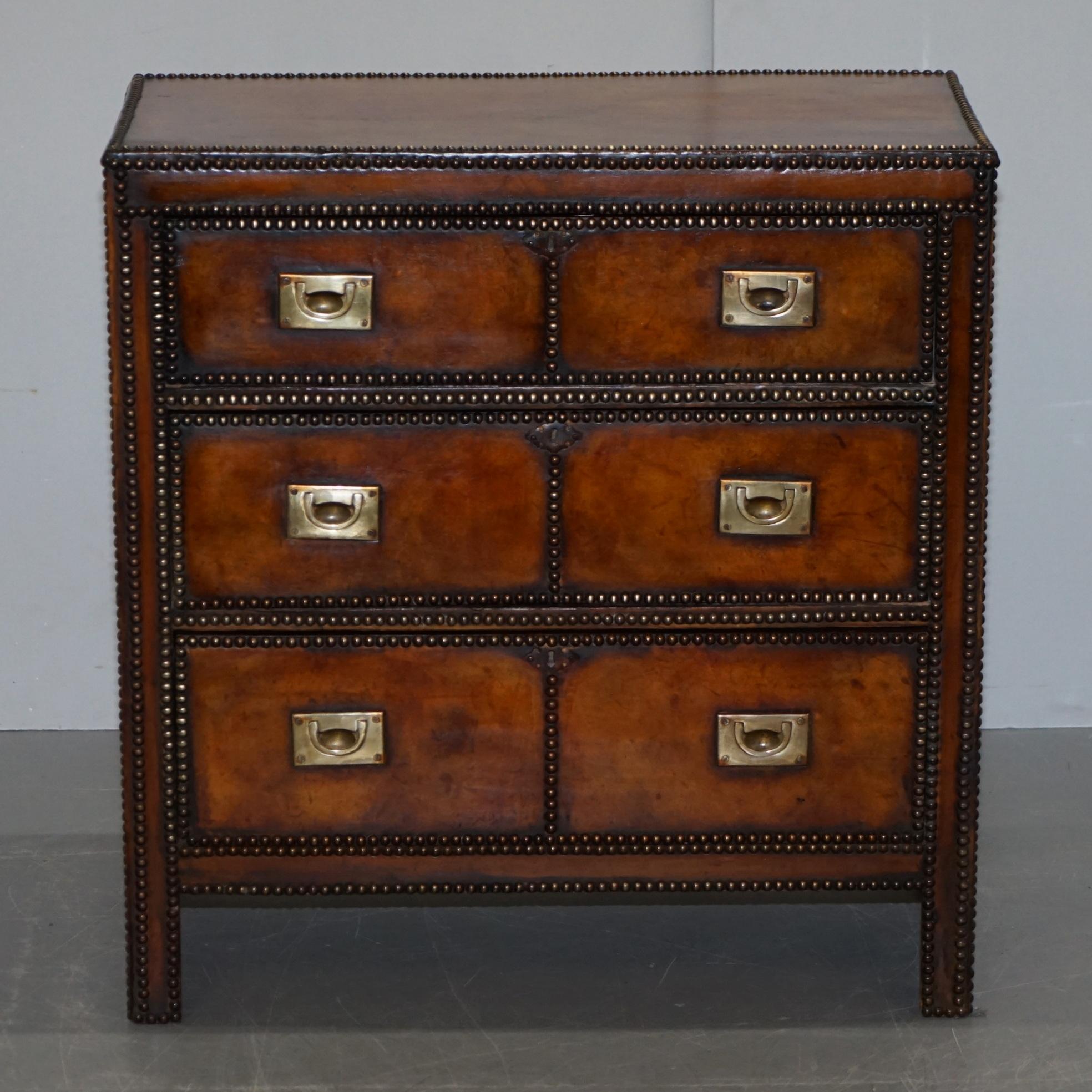 We are delighted to offer for sale this very fine fully restored Victorian hand dyed brown leather exquisitely studded chest of drawers with military Campaign handles 

A very well made and decorative chest of drawers, I’ve never seen another from