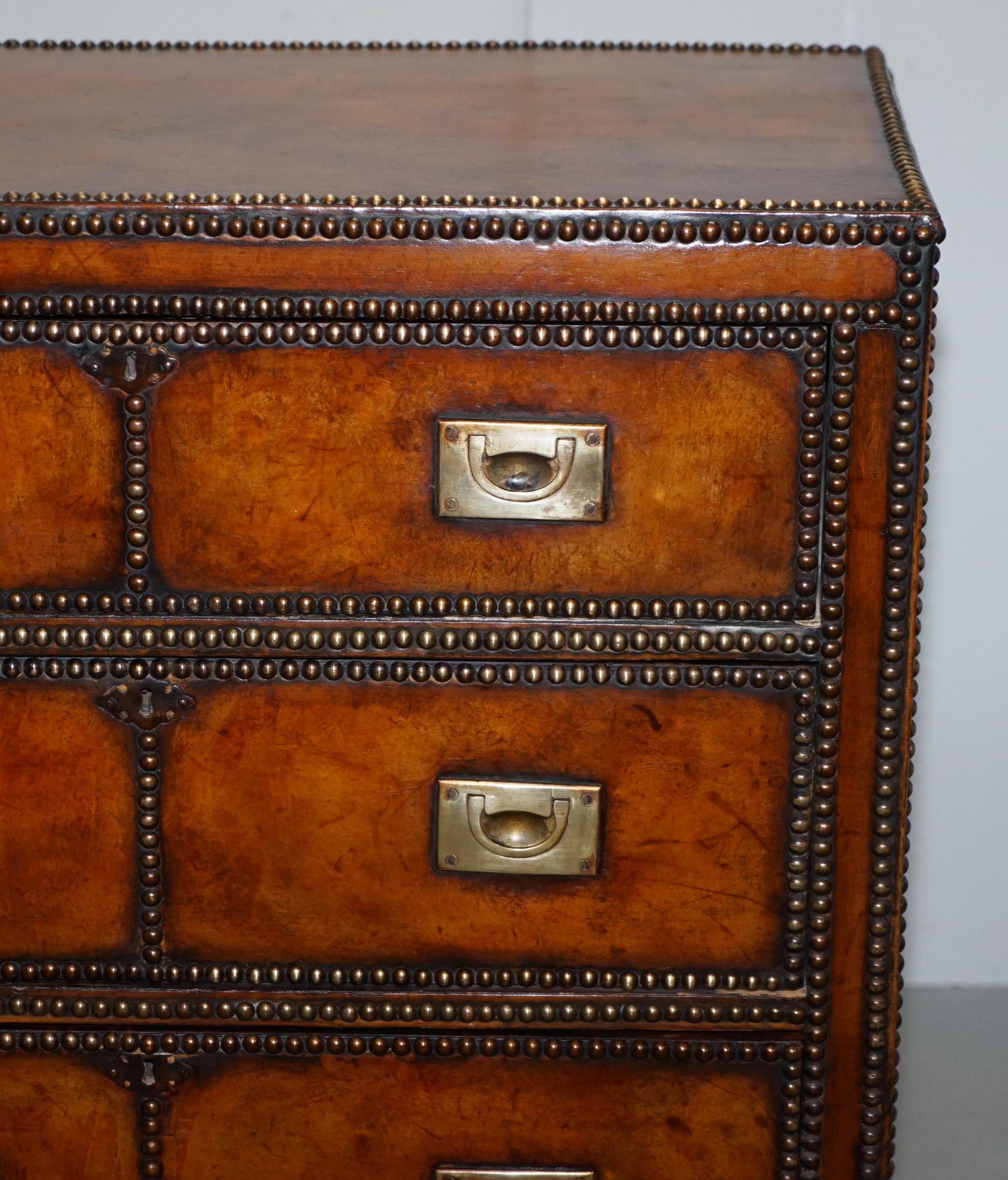 Hand-Crafted Fine Victorian Hand Dyed Whisky Brown Leather Military Campaign Chest of Drawers