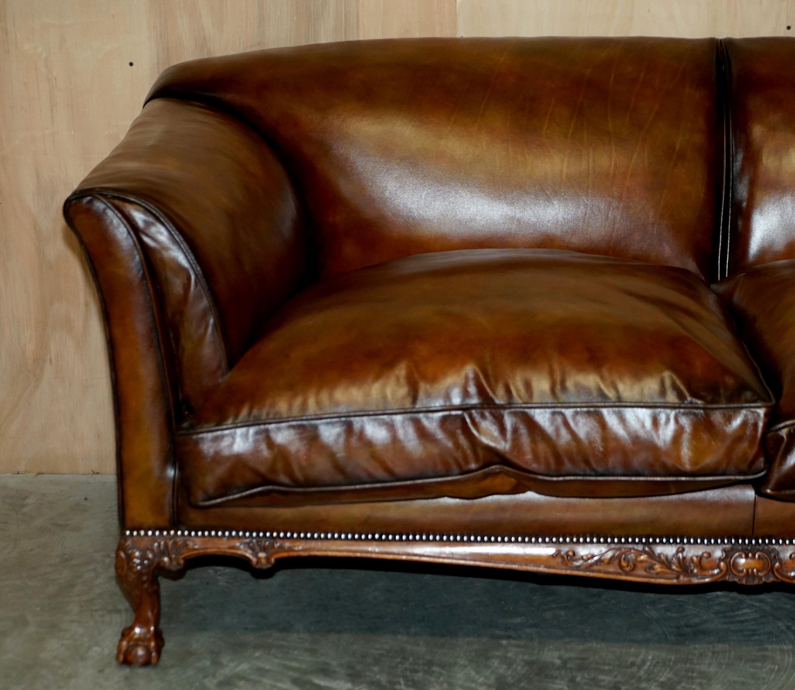 English Fine Victorian Howard & Son's Claw & Ball Feet Brown Leather Chesterfield Sofa