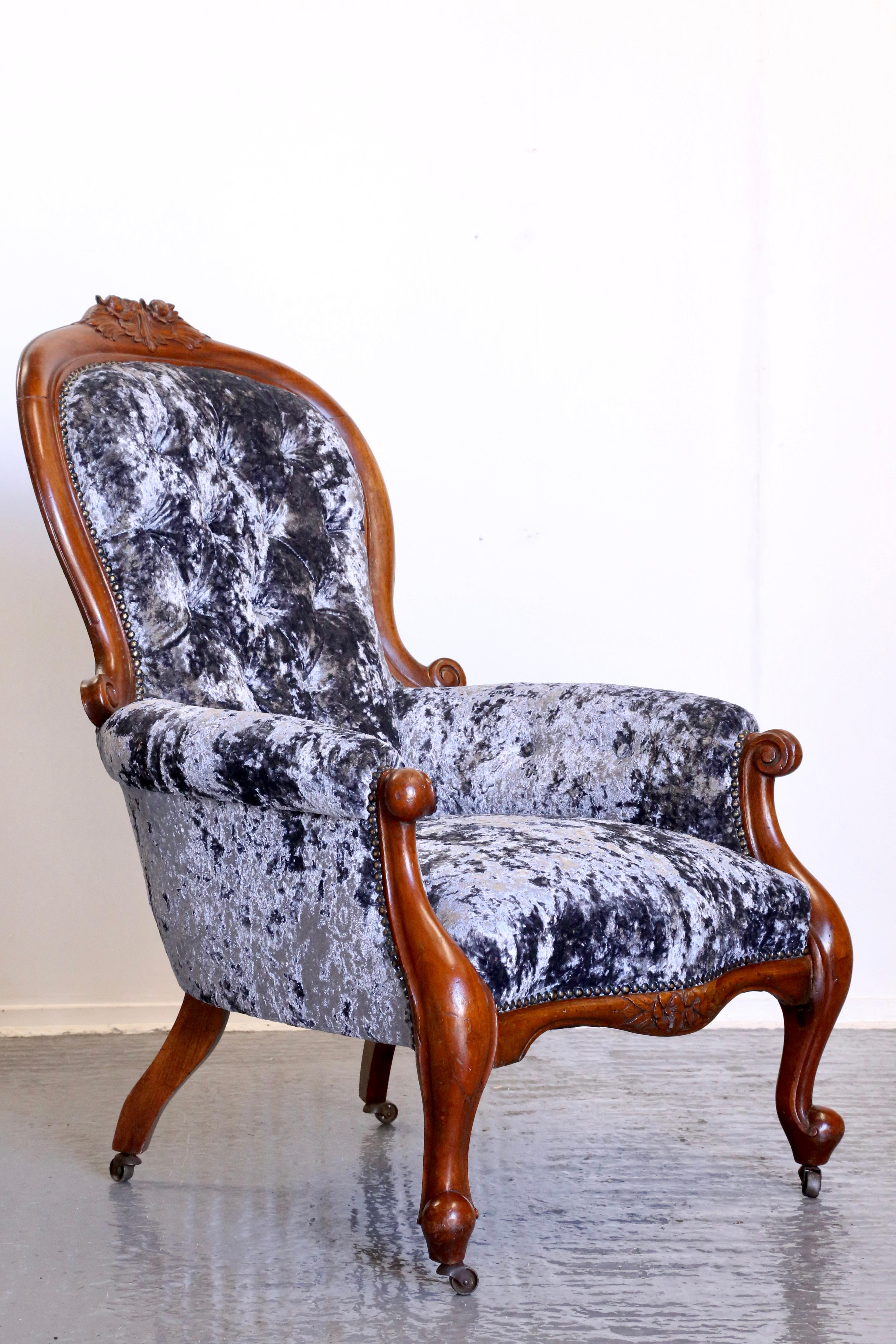 Fine Victorian Mahogany Button Crushed Velvet Scroll Frame Armchair For Sale 5