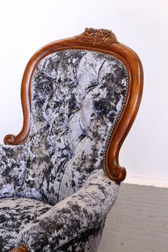 Fine Victorian Mahogany Button Crushed Velvet Scroll Frame Armchair