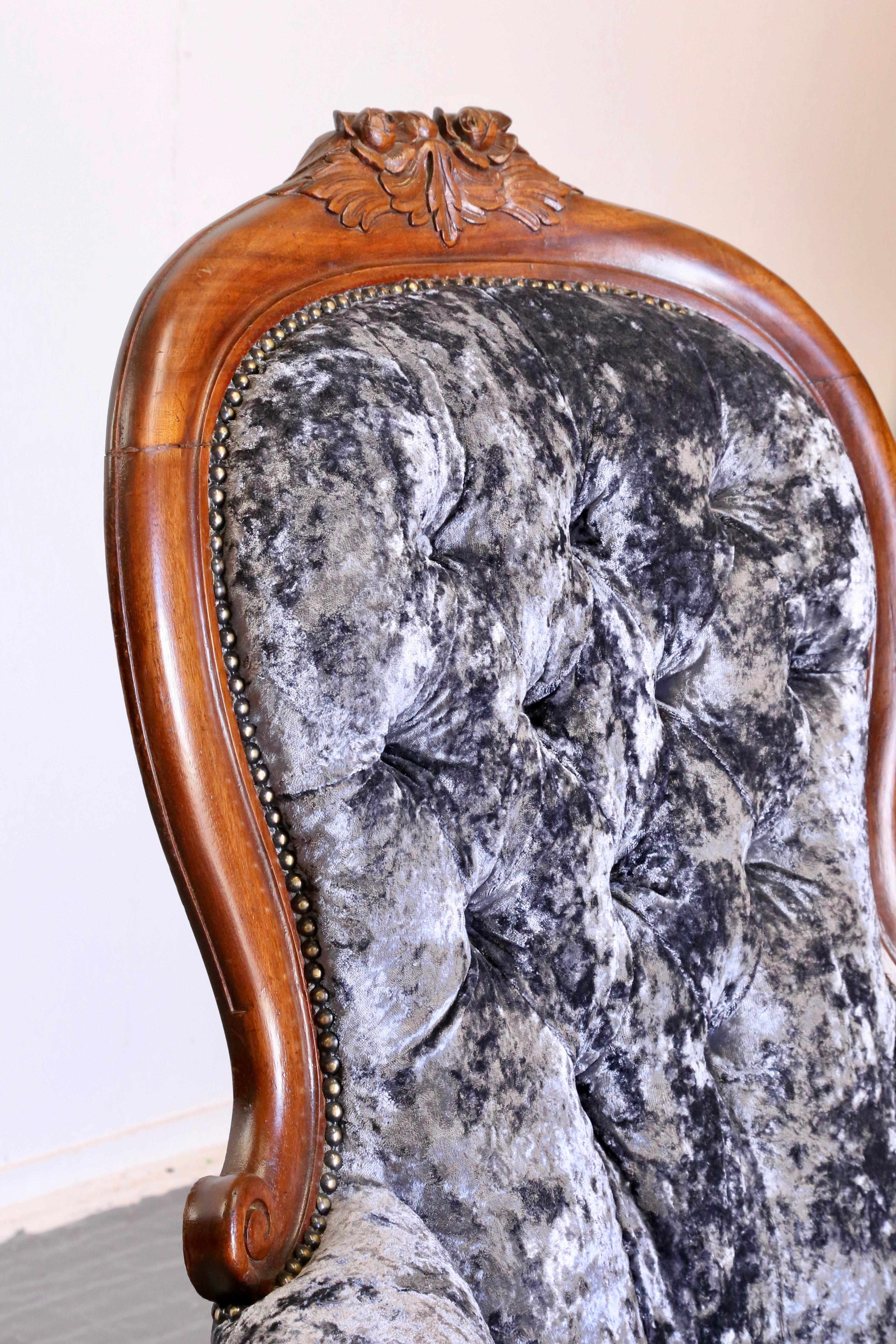 Fine Victorian Mahogany Button Crushed Velvet Scroll Frame Armchair For Sale 3