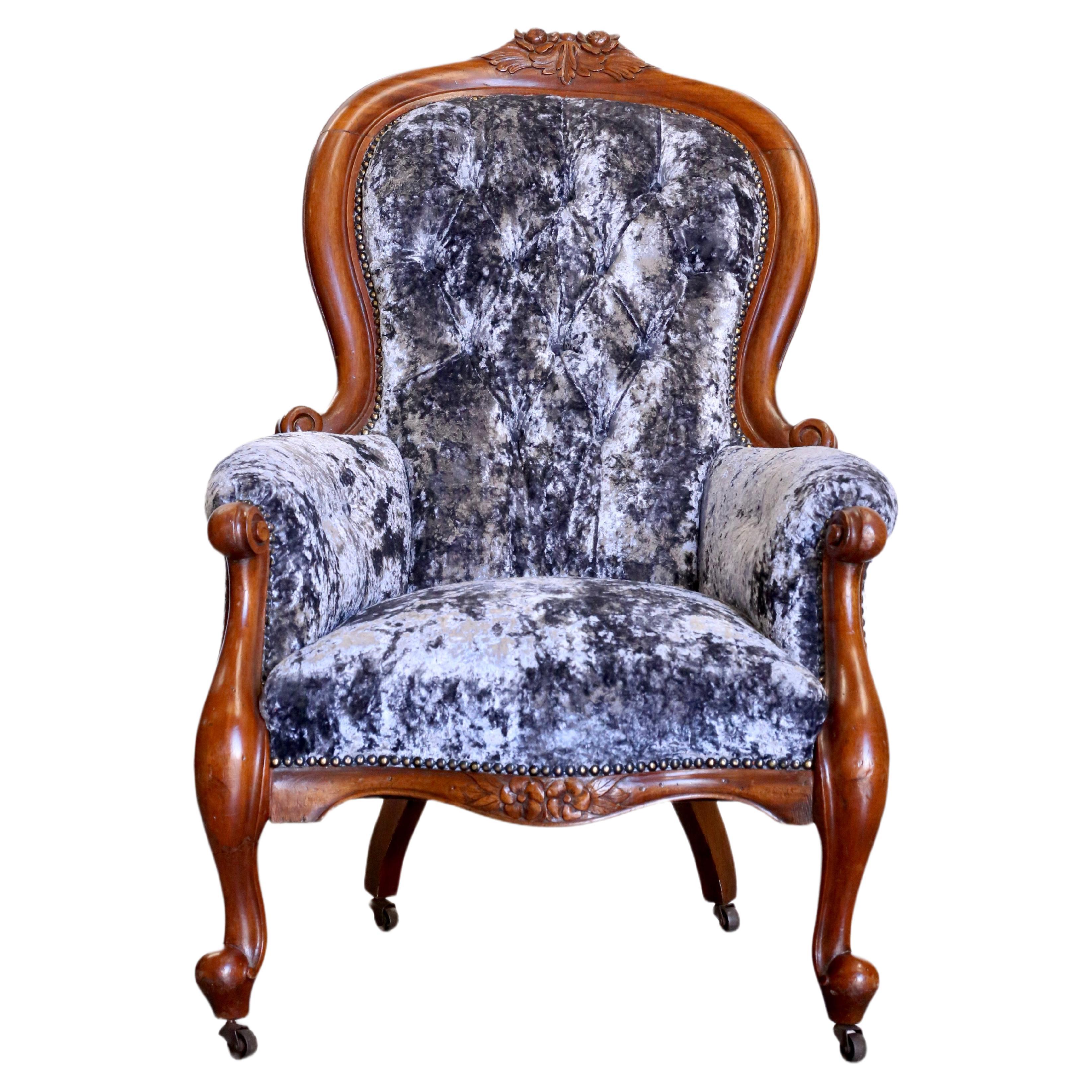 Fine Victorian Mahogany Button Crushed Velvet Scroll Frame Armchair For Sale