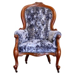 Antique Fine Victorian Mahogany Button Crushed Velvet Scroll Frame Armchair