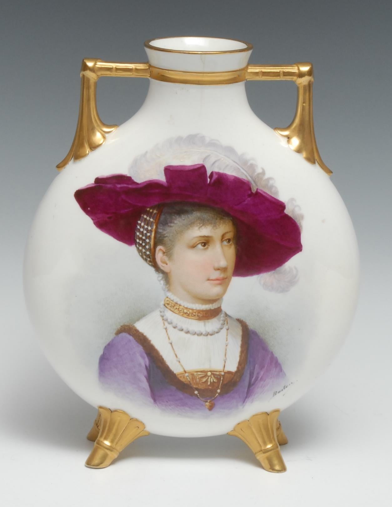 Victorian Hand-Painted Porcelain Portrait Moon Flask Vase, Signed Boiston, England, circa 1890

A fine quality late 19th-century English porcelain moon flask vase, likely by Minton or a comparable manufacturer, distinguished by its superb