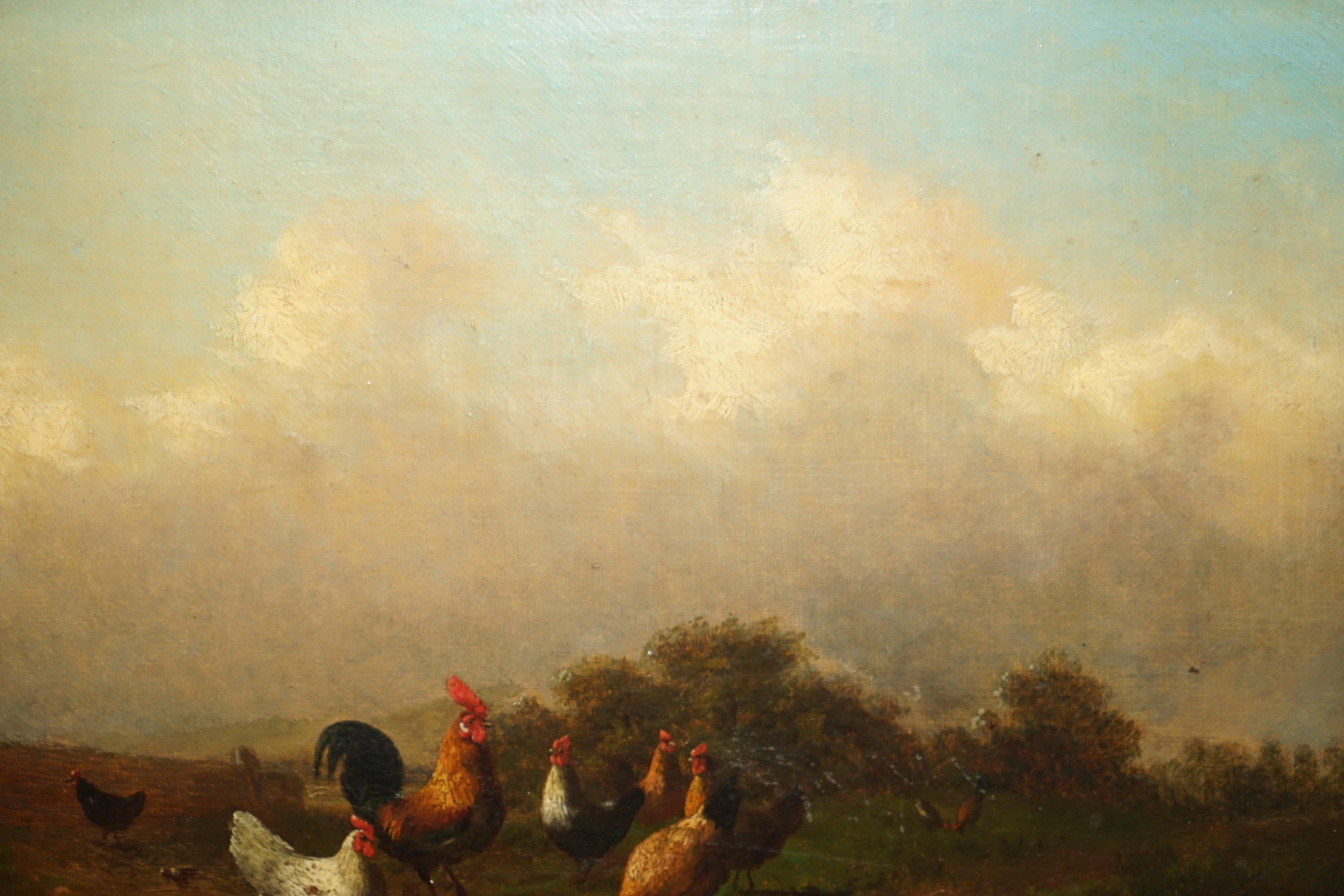 Canvas FINE VICTORIAN OIL PAINTING SIGNED MAYER CIRCA 1880 OF ROOSTERS CHICKENS & BIRDs