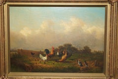 FINE VICTORIAN OIL PAINTING SIGNED MAYER CIRCA 1880 OF ROOSTERS CHICKENS & BIRDs