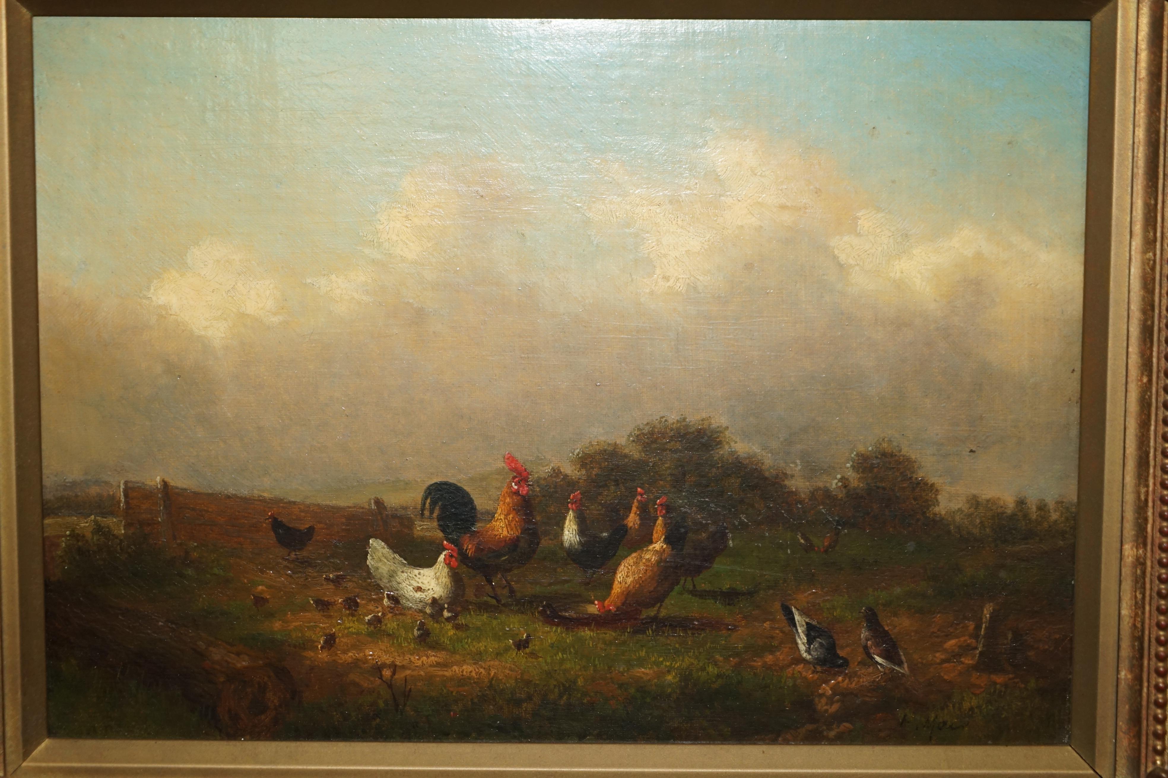 Hand-Painted FINE VICTORIAN OIL PAINTING SIGNED MAYER CIRCA 1880 OF ROOSTERS CHICKENS & BIRDs