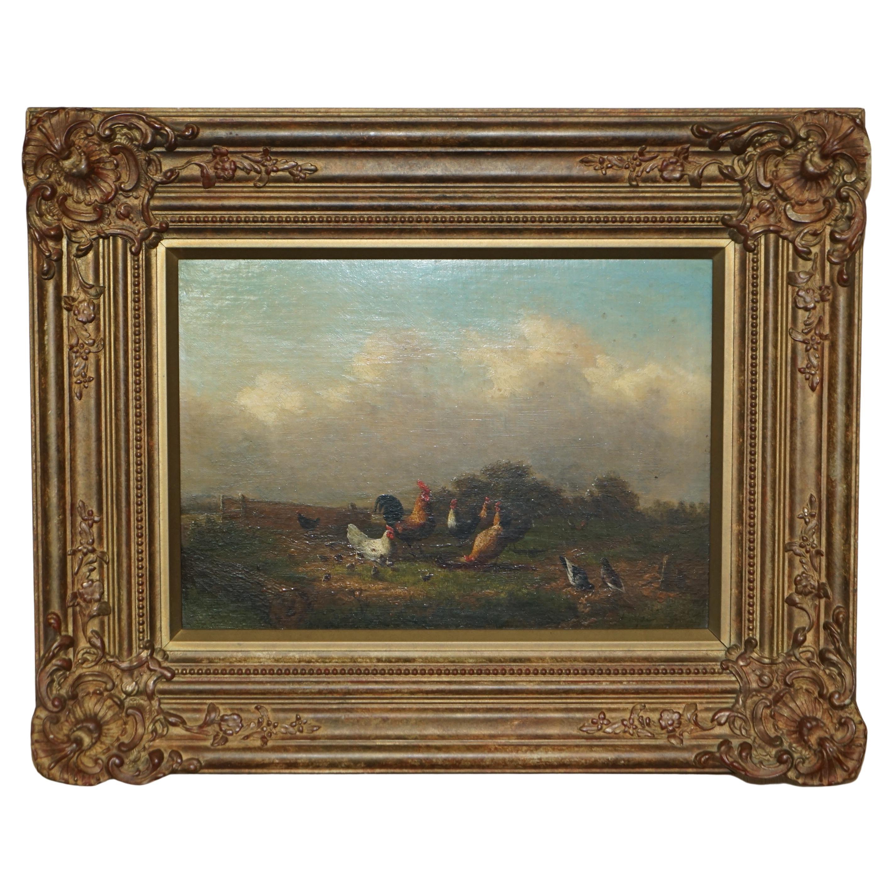 FINE VICTORIAN OIL PAINTING SIGNED MAYER CIRCA 1880 OF ROOSTERS CHICKENS & BIRDs