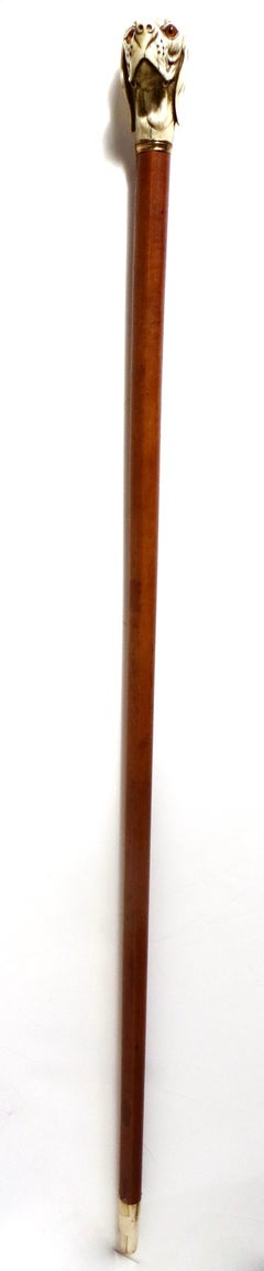 Fine Victorian Walking Stick; Bone Carved Dog Head Handle; Cherrywood Circa 1880