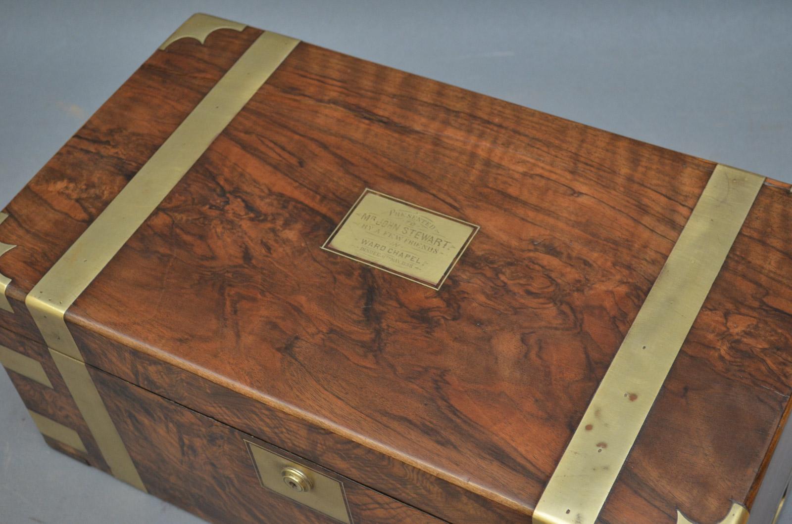 Sn3250 exceptional Victorian, figured walnut writing box with brass bound edges and carrying handles, enclosing black inset tooled leather writing surface, pen tray, ink well and 3 secret drawers, all in wonderful condition throughout, ready to