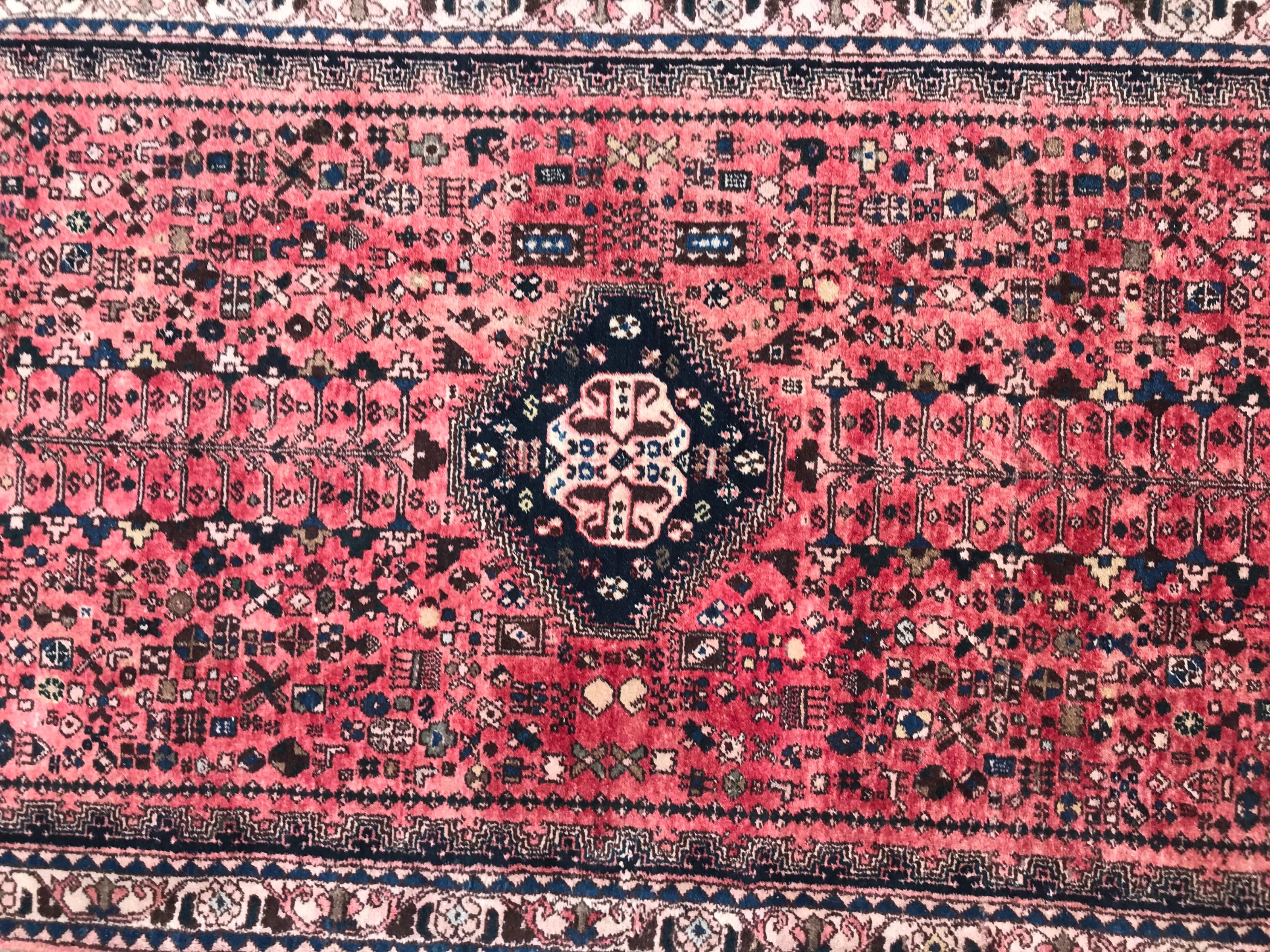 Nice late 20th century runner with beautiful geometrical and tribal design and red partly faded field color with blue, green, purple and faded orange. Entirely hand knotted with wool velvet on cotton foundation.

✨✨✨
