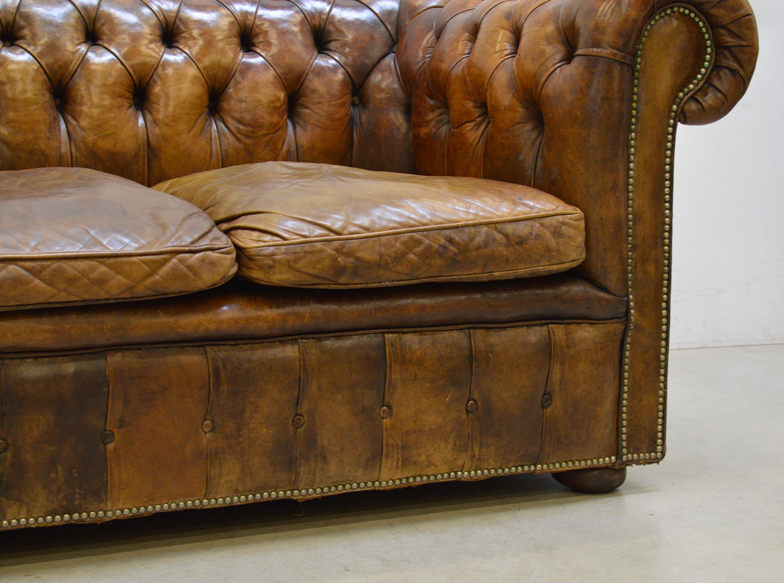 Leather Fine Vintage Antique Chesterfield Club Sofa Hand Dyed, 1930s For Sale