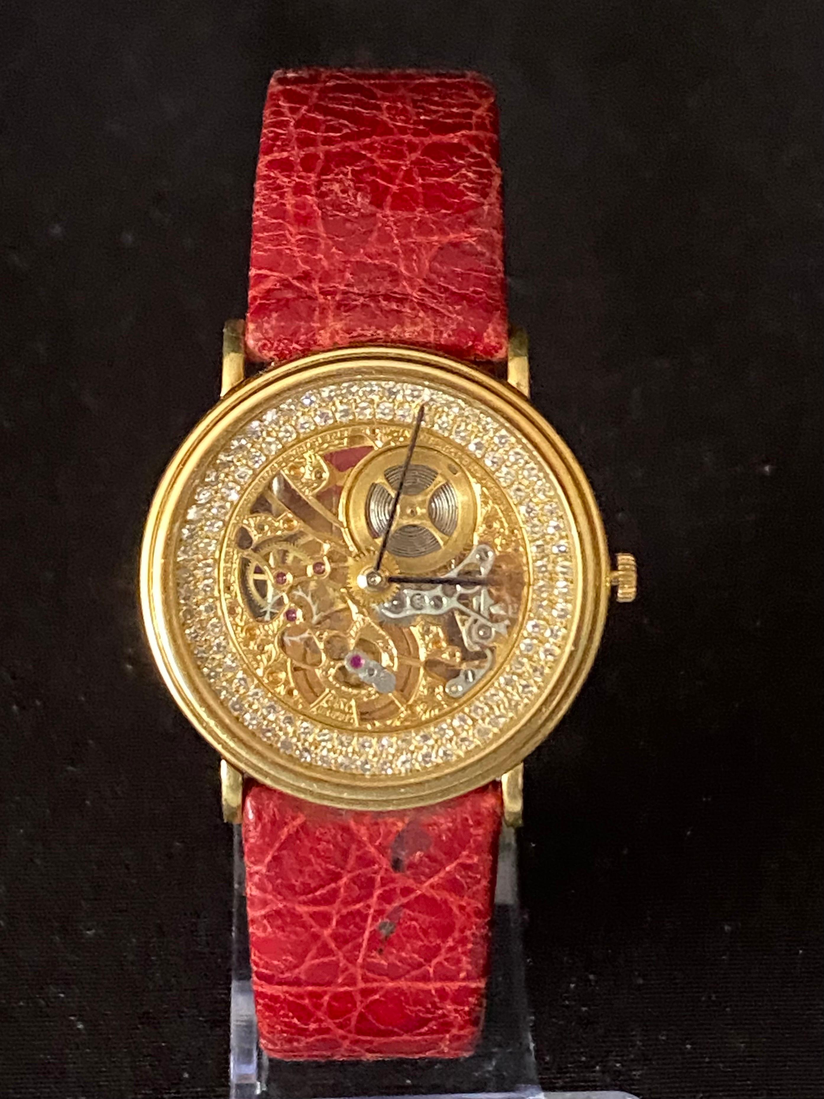 This Audemars Piguet watch from the 1980s features a unique open-worked skeleton dial.
The diamonds on the bezel add a touch of elegance to this already stunning timepiece. The watch is made with 18k yellow gold and features a mechanical