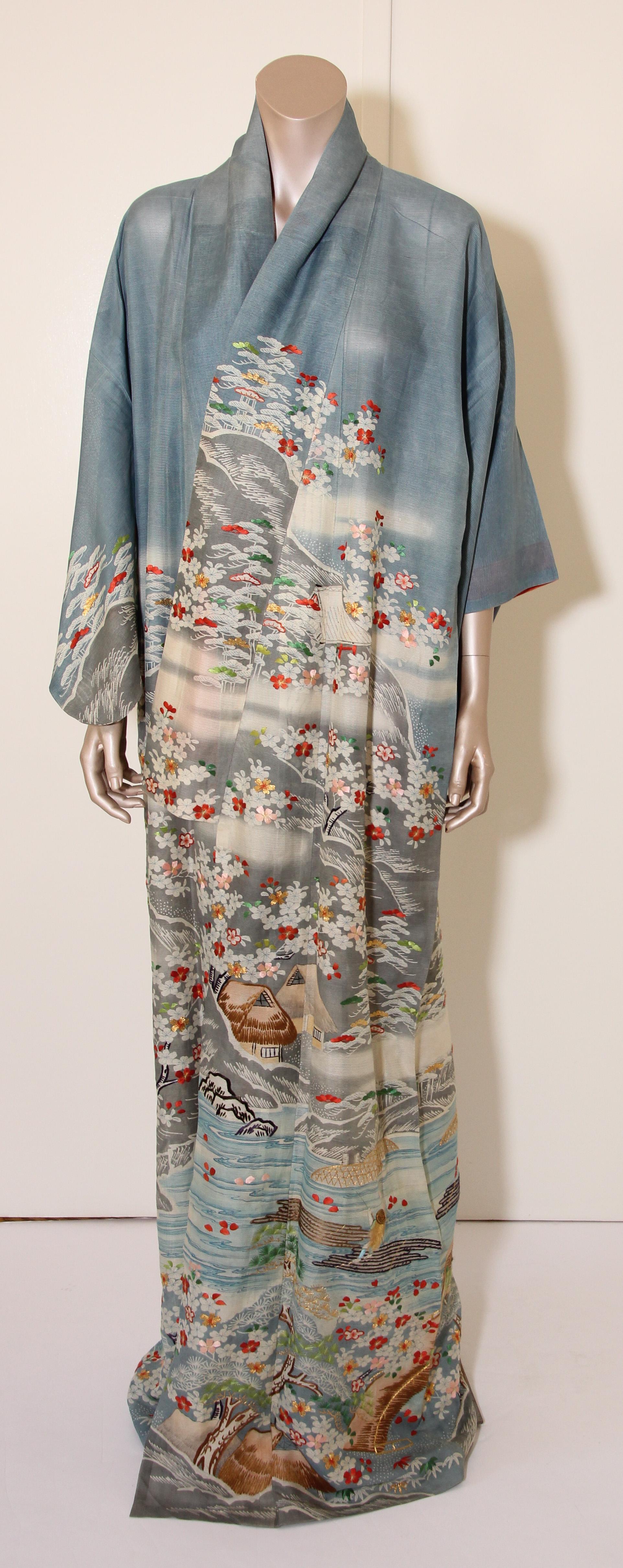 Fine Vintage Blue Kuro Tomesode Silk Japanese Kimono 3