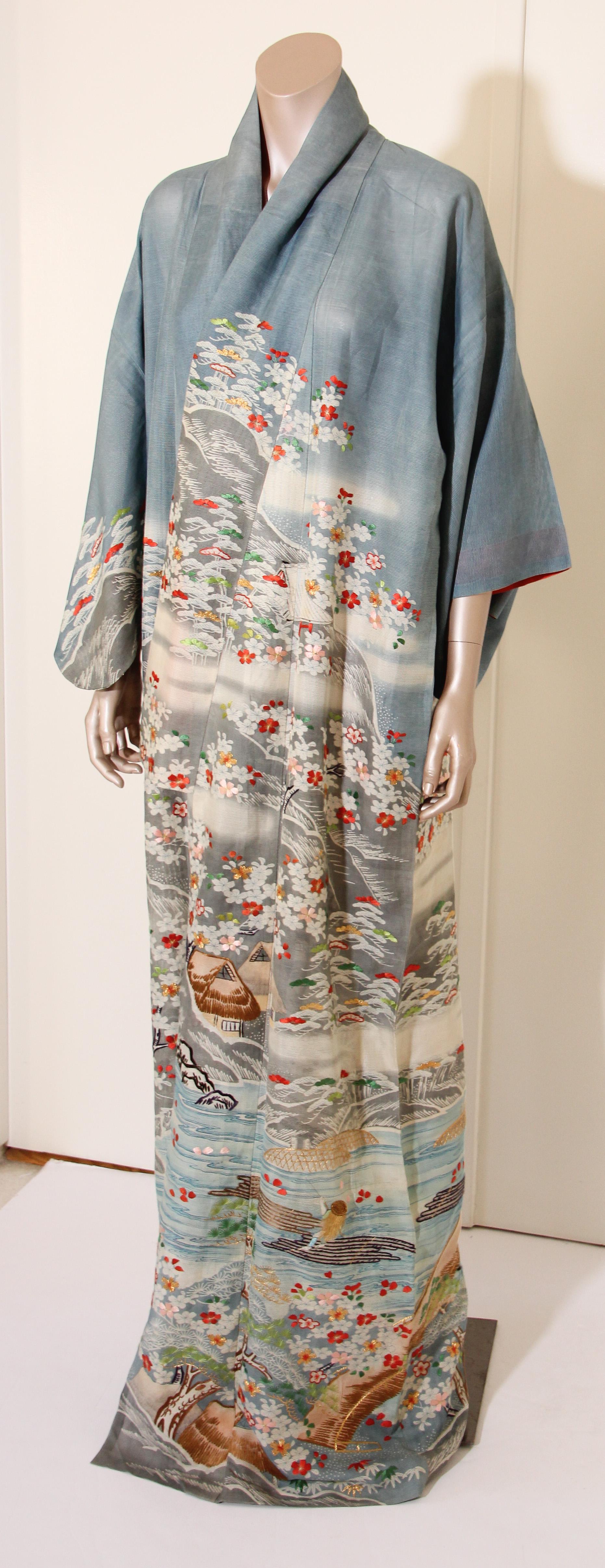 Fine Vintage Blue Kuro Tomesode Silk Japanese Kimono 4