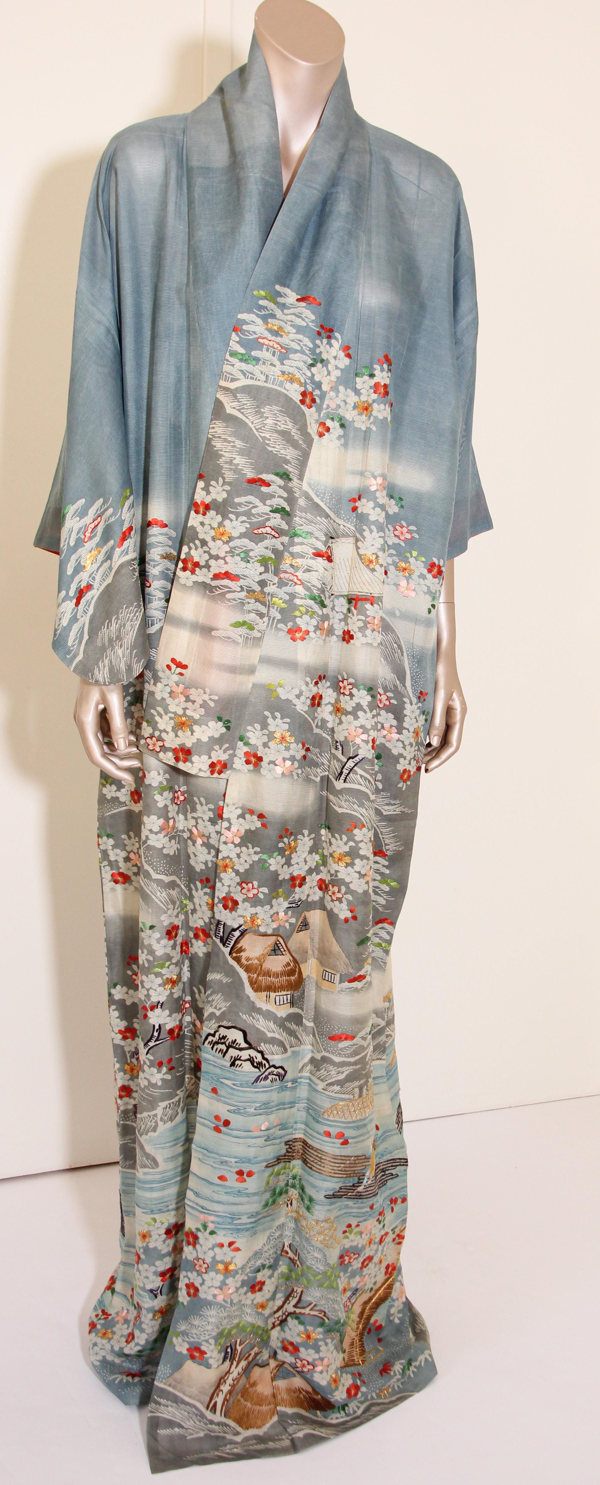 Fine Vintage Blue Kuro Tomesode Silk Japanese Kimono 5
