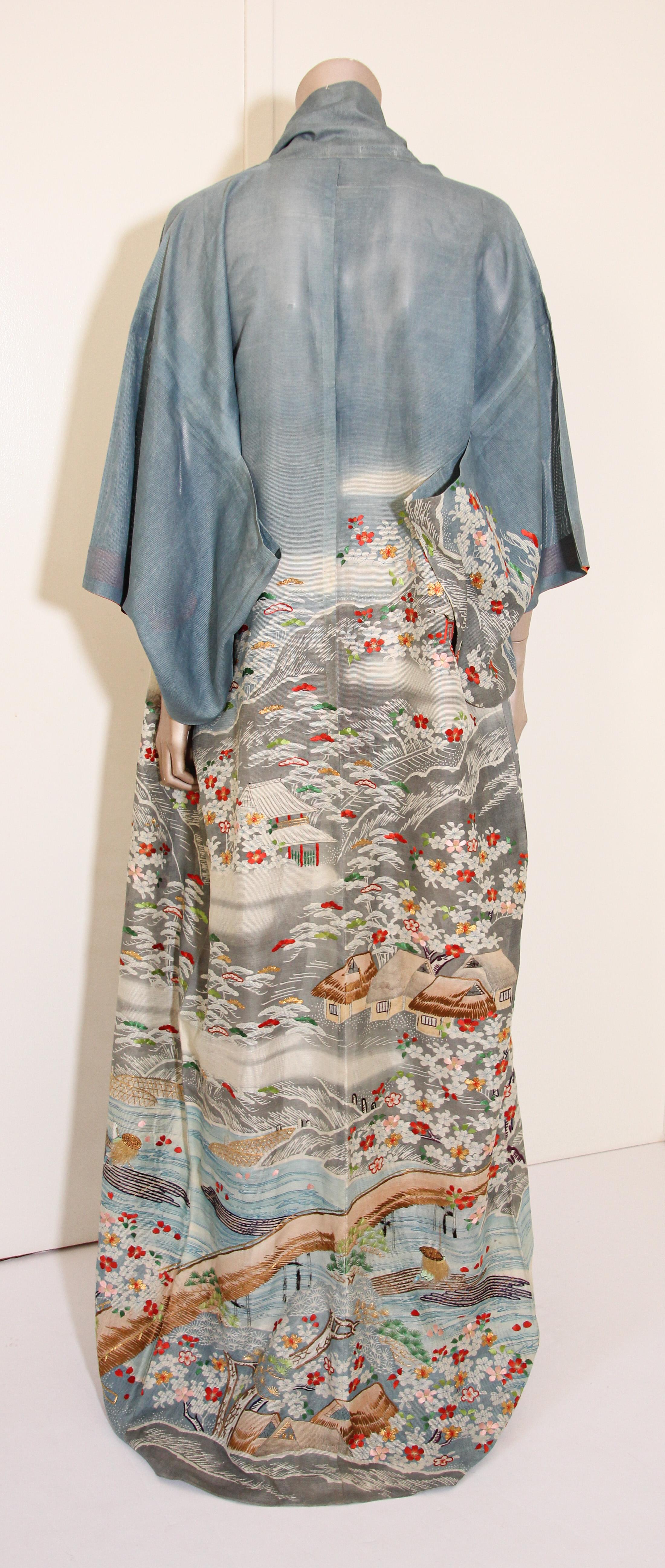 Fine Vintage Blue Kuro Tomesode Silk Japanese Kimono 6