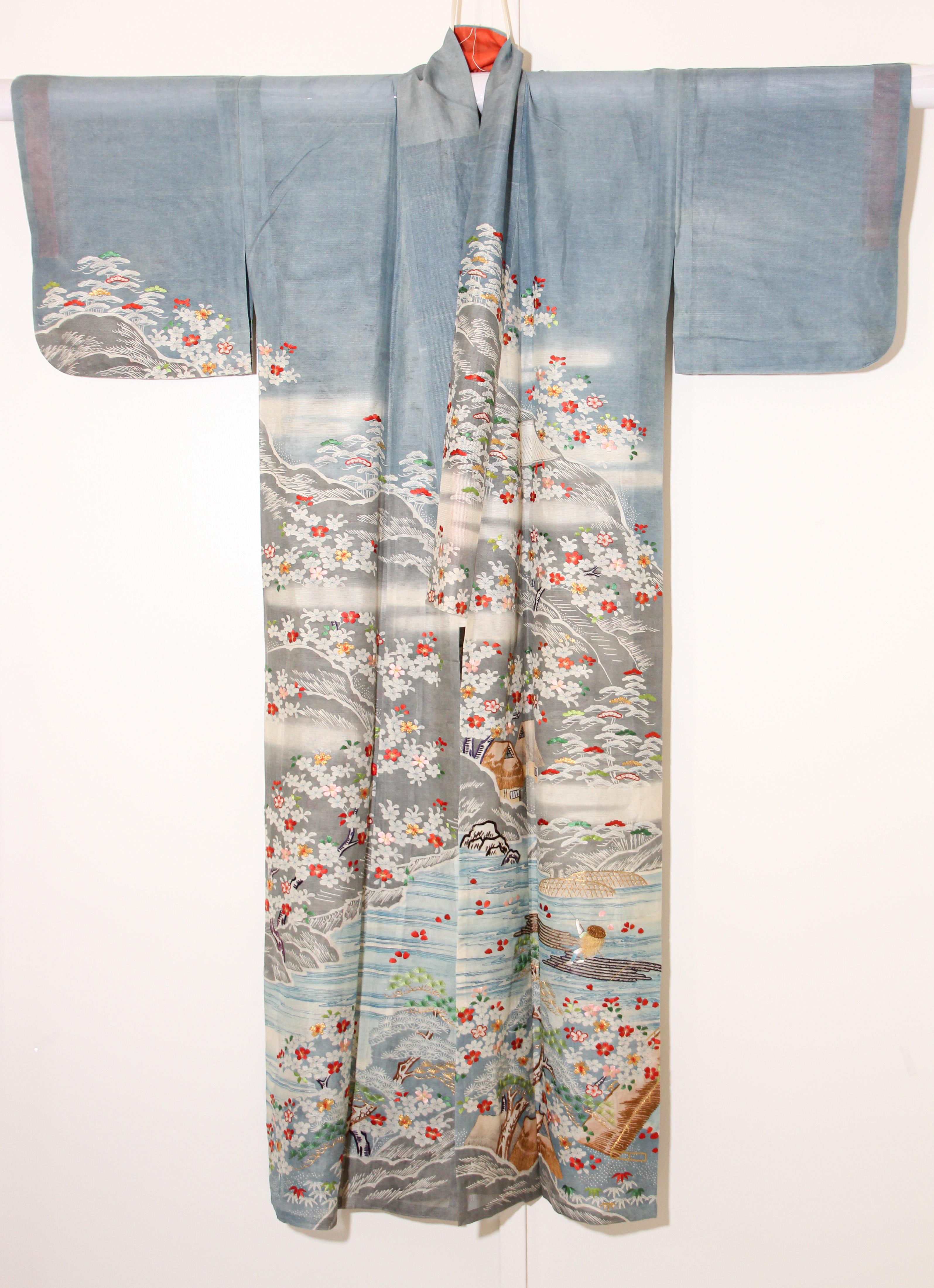 Fine Vintage Blue Kuro Tomesode Silk Japanese Kimono 7