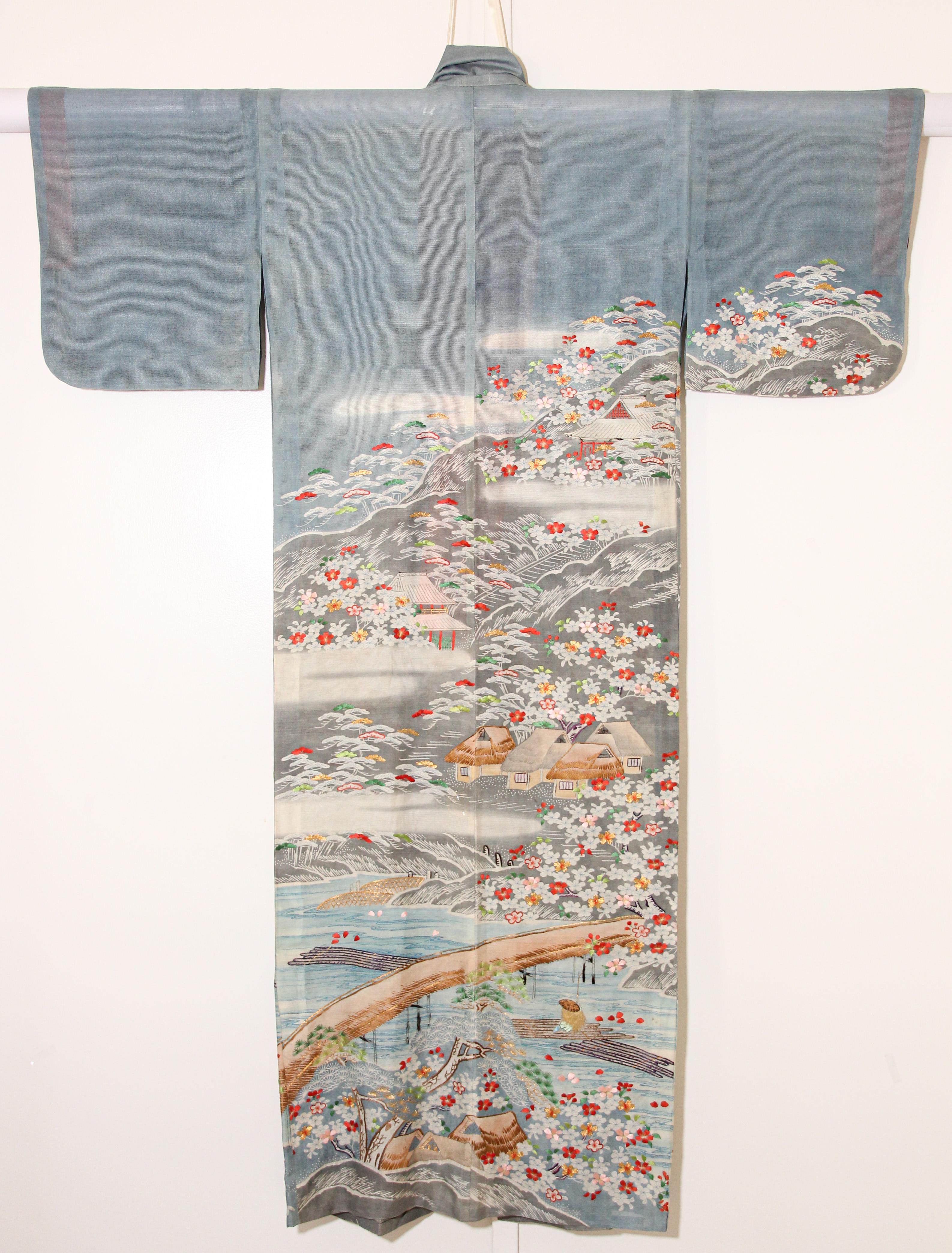 Fine Vintage Blue Kuro Tomesode Silk Japanese Kimono 9
