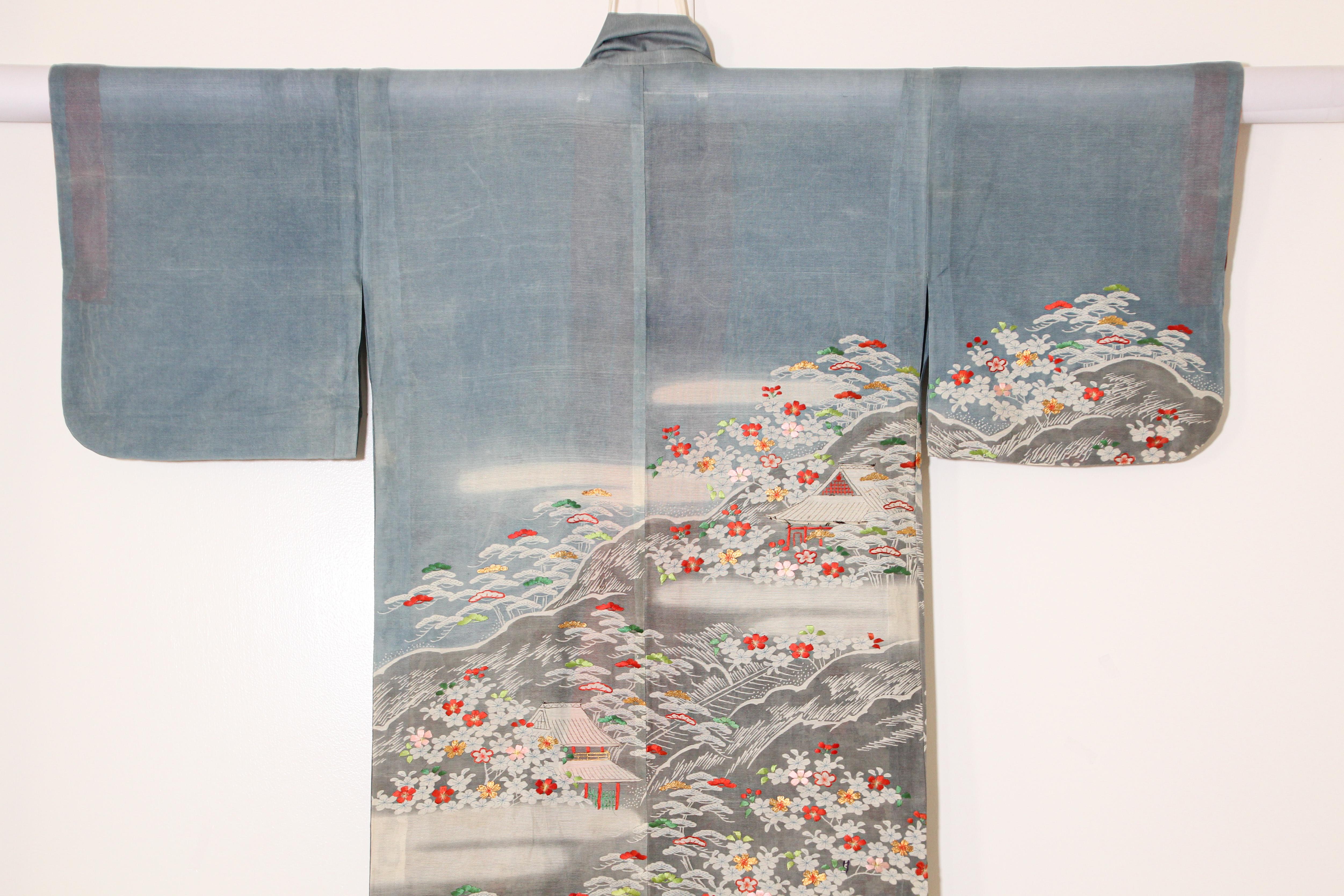 Fine Vintage Blue Kuro Tomesode Silk Japanese Kimono 11