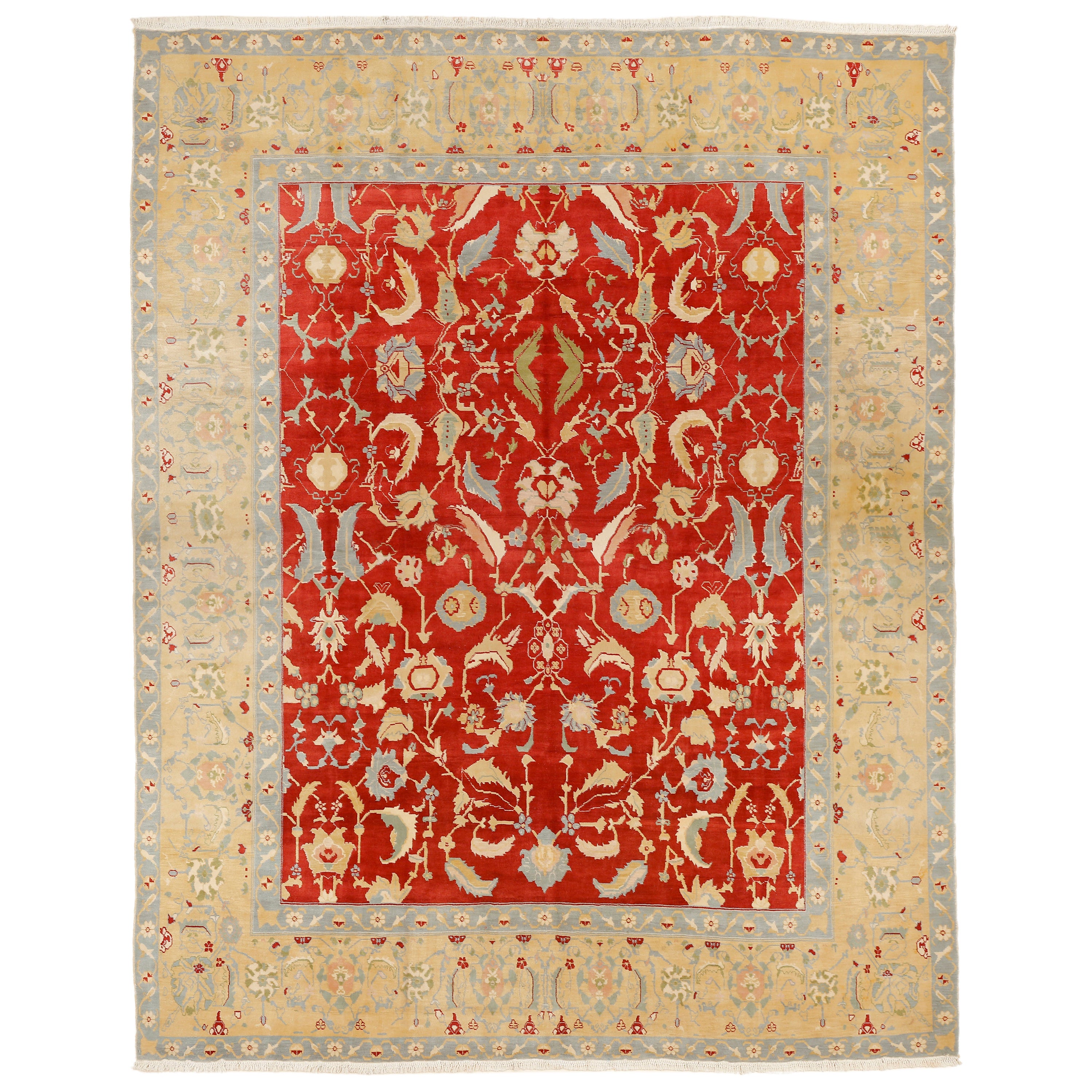 Burgunderroter Agra-Teppich im Vintage-Stil mit verschnörkelten Blättern und Palmetten