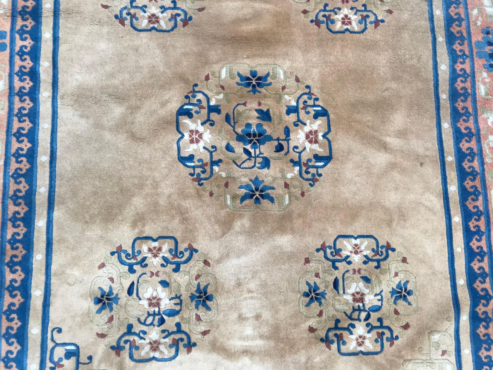 Beautiful Chinese rug from Beijing, with beautiful Chinese design and nice colors with blue, yellow, orange and purple, entirely and finely hand knotted with wool velvet on cotton foundations.
