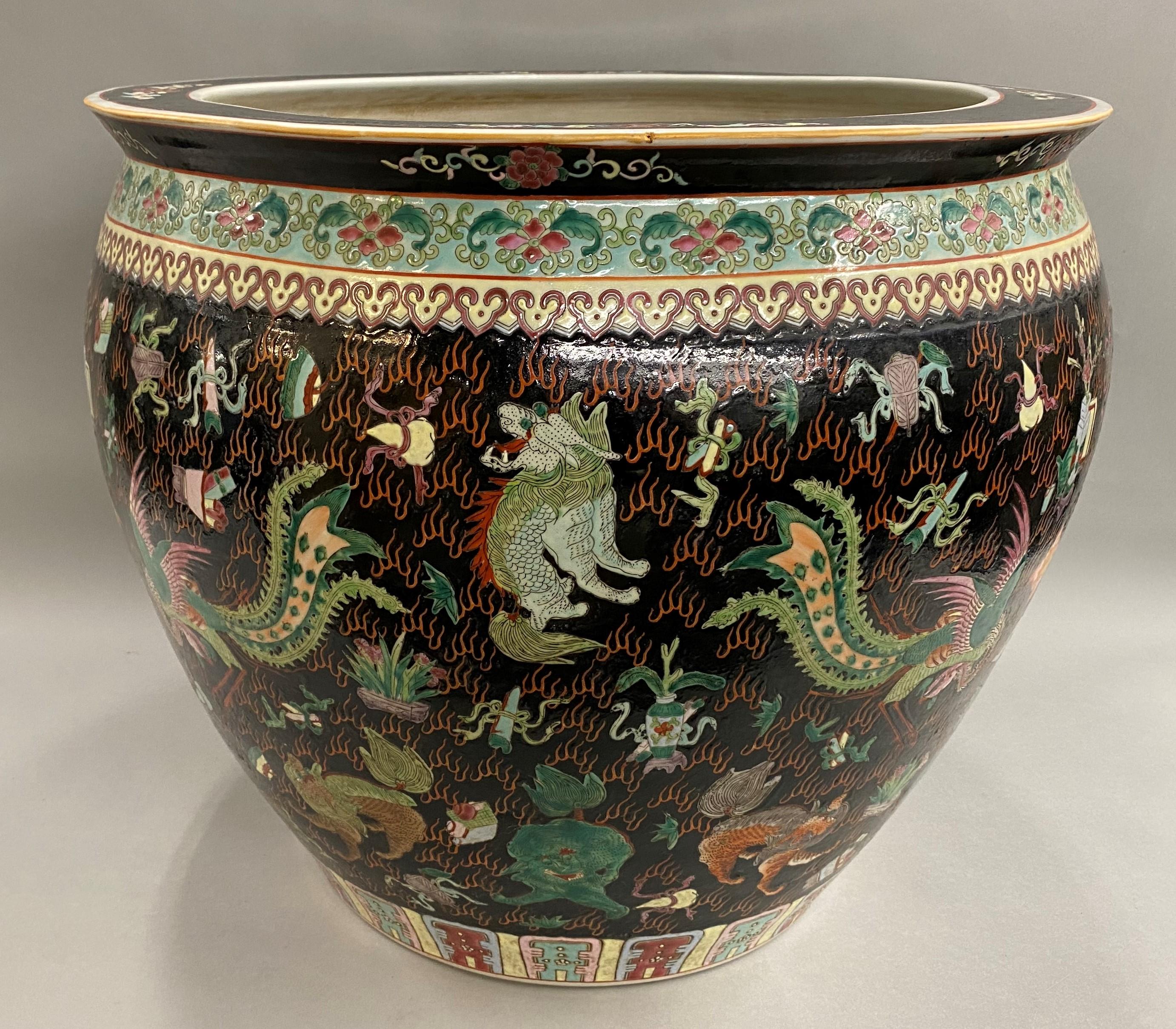 Polychromed Fine Vintage Chinese Polychrome Porcelain Jardinière or Palace Bowl