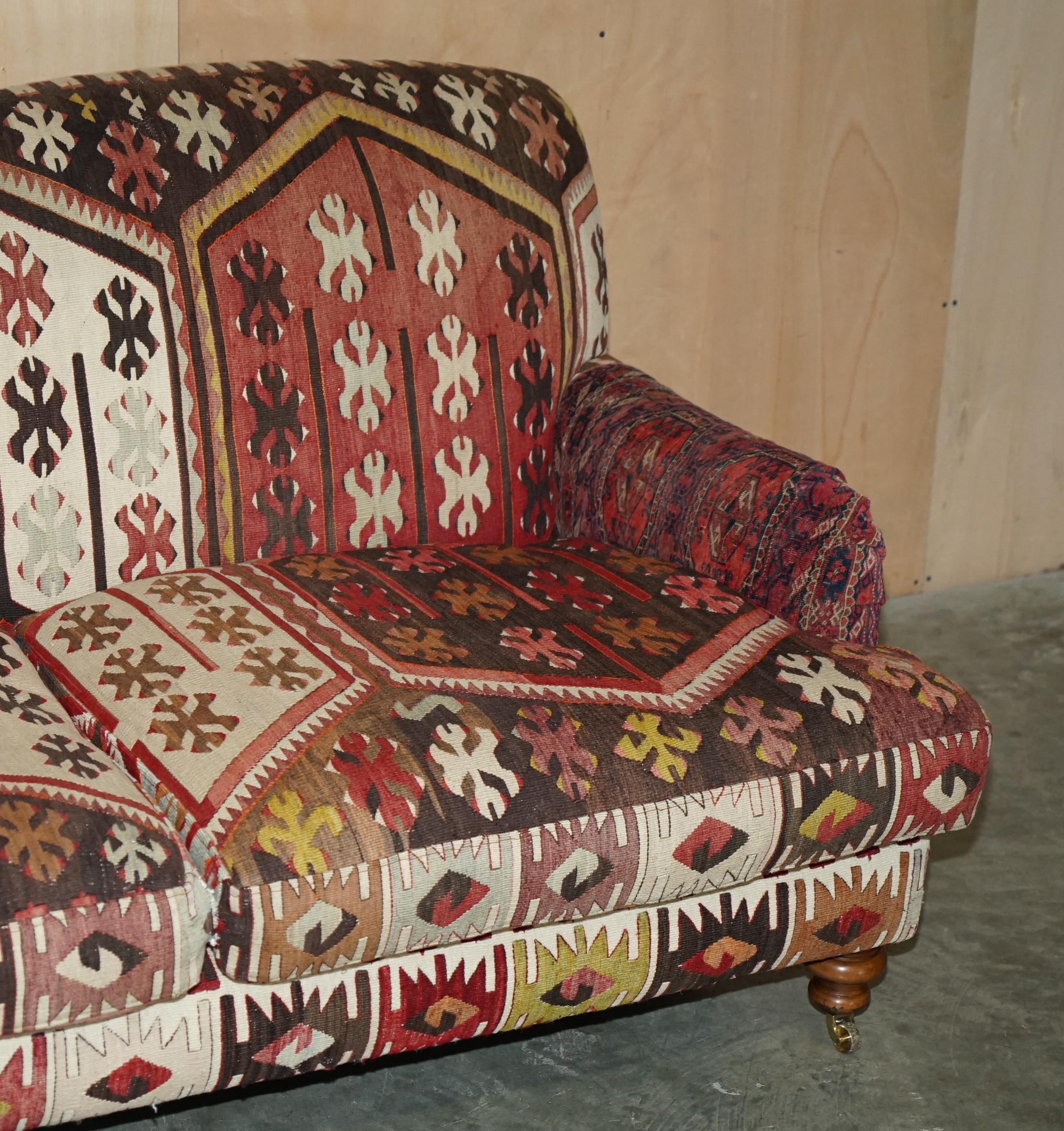 English FINE ViNTAGE GEORGE SMITH HOWARD & SON'S STYLE KILIM UPHOLSTERED TWO SEATER SOFA
