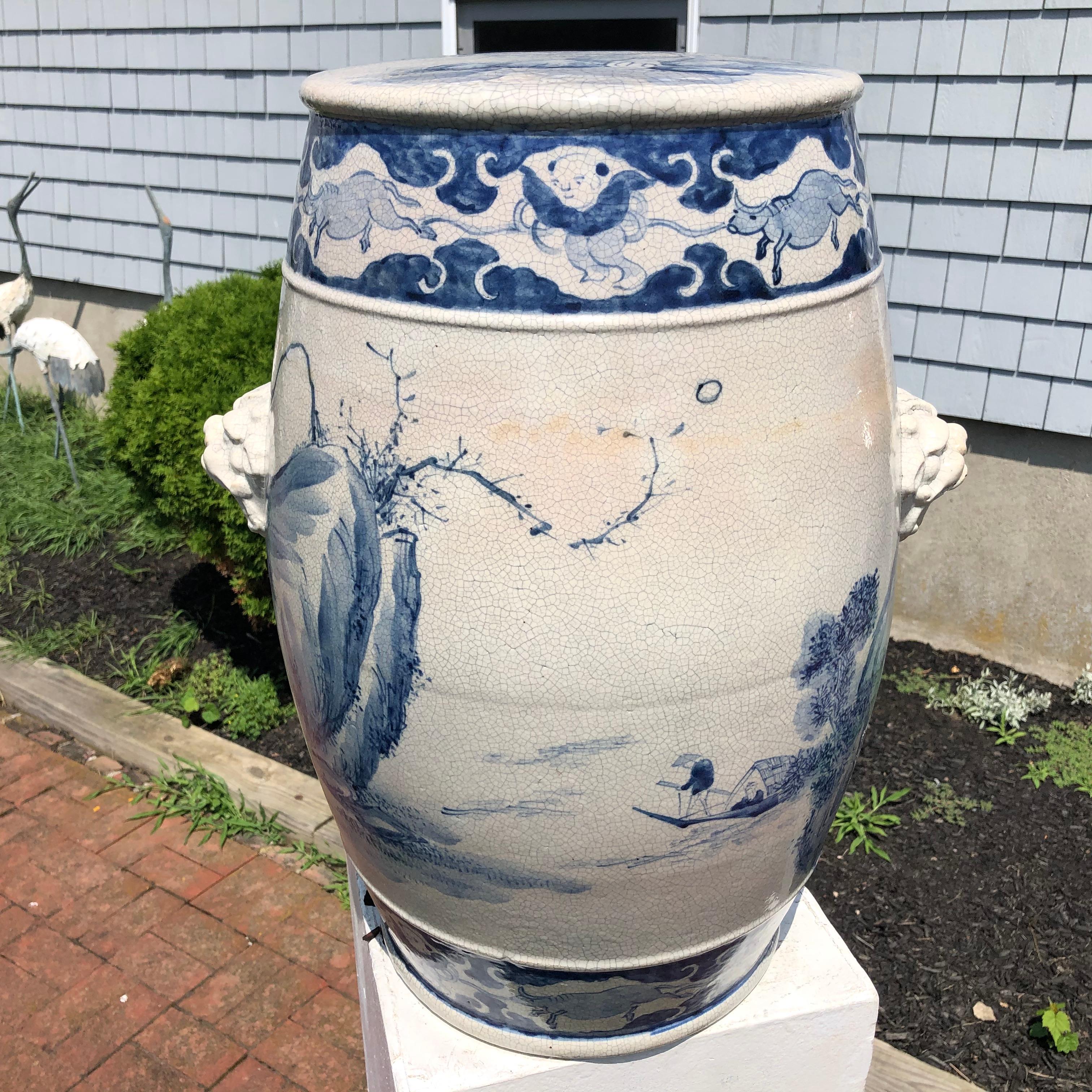 Fine Vintage Hand-Glazed Blue and White Garden Stool Seat 8