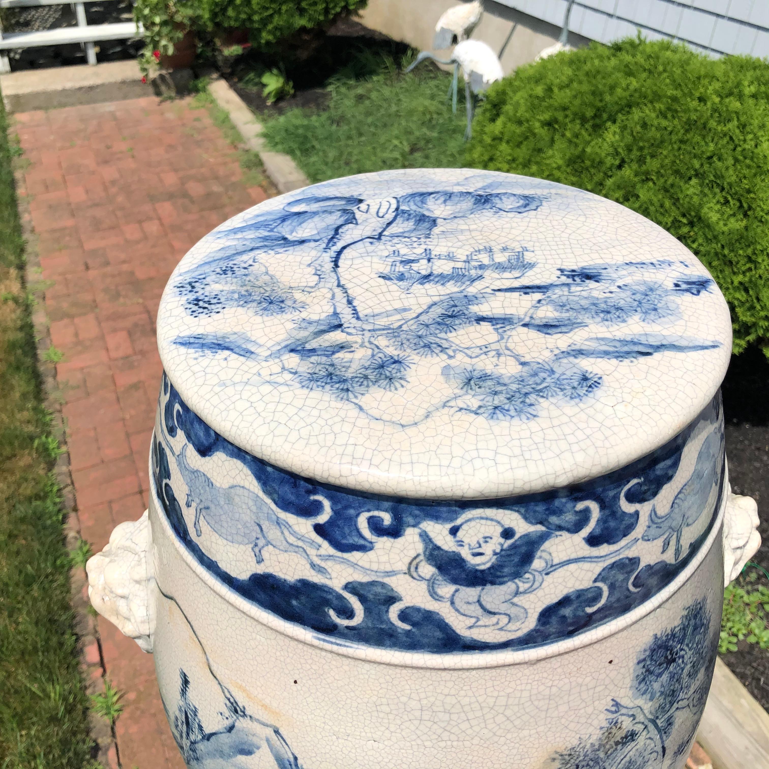 Fine Vintage Hand-Glazed Blue and White Garden Stool Seat In Good Condition In South Burlington, VT