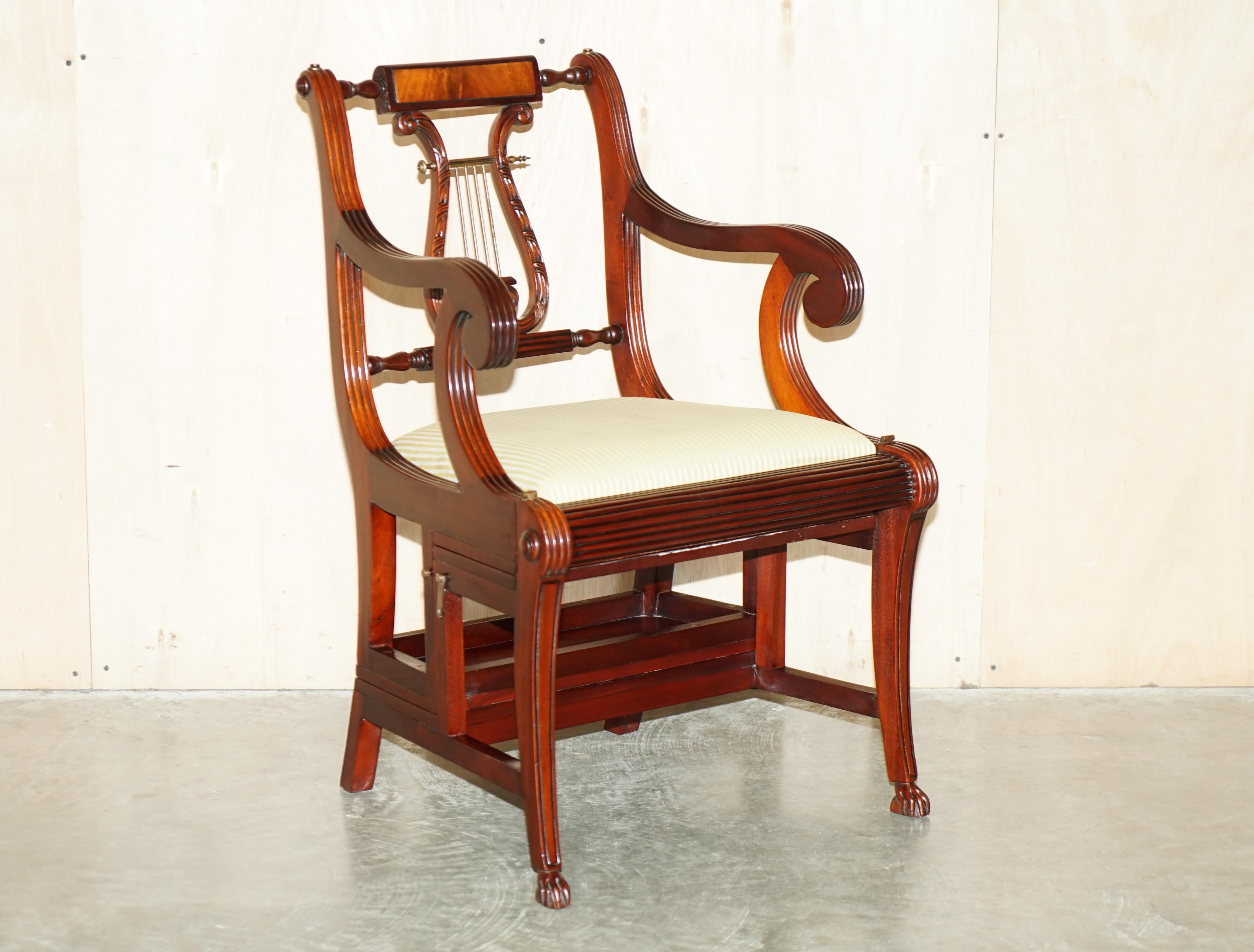 We are delighted to offer for sale this large and collectable vintage metamorphic armchair which converts into Library steps with leather upholstered steps

A good looking well made and decorative library armchair which metamorphosizes into a