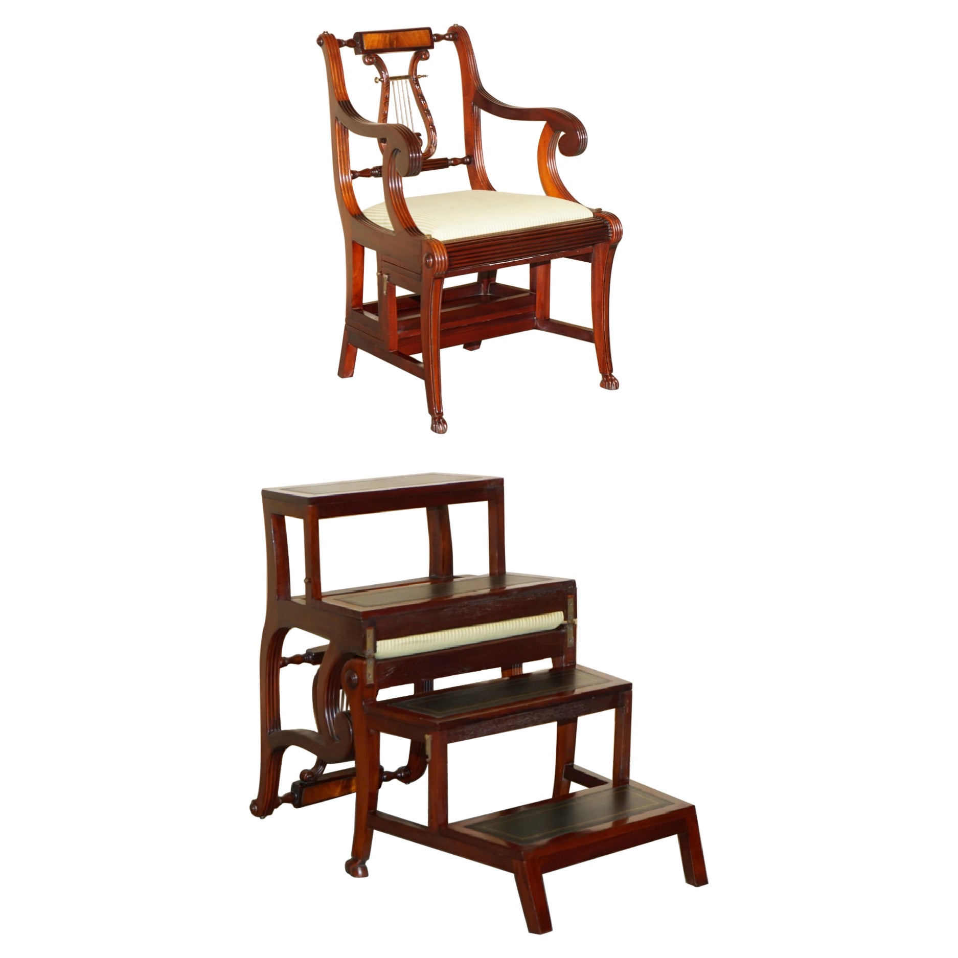 FINE VINTAGE HARDWOOD METAMORPHIC LEATHER ARMCHAIR ARMCHAIR ARMCHAIR FINE VINTAGE HARDWOOD GREEN LEATHER ARMORPHIC ARMCHAIR STEPs