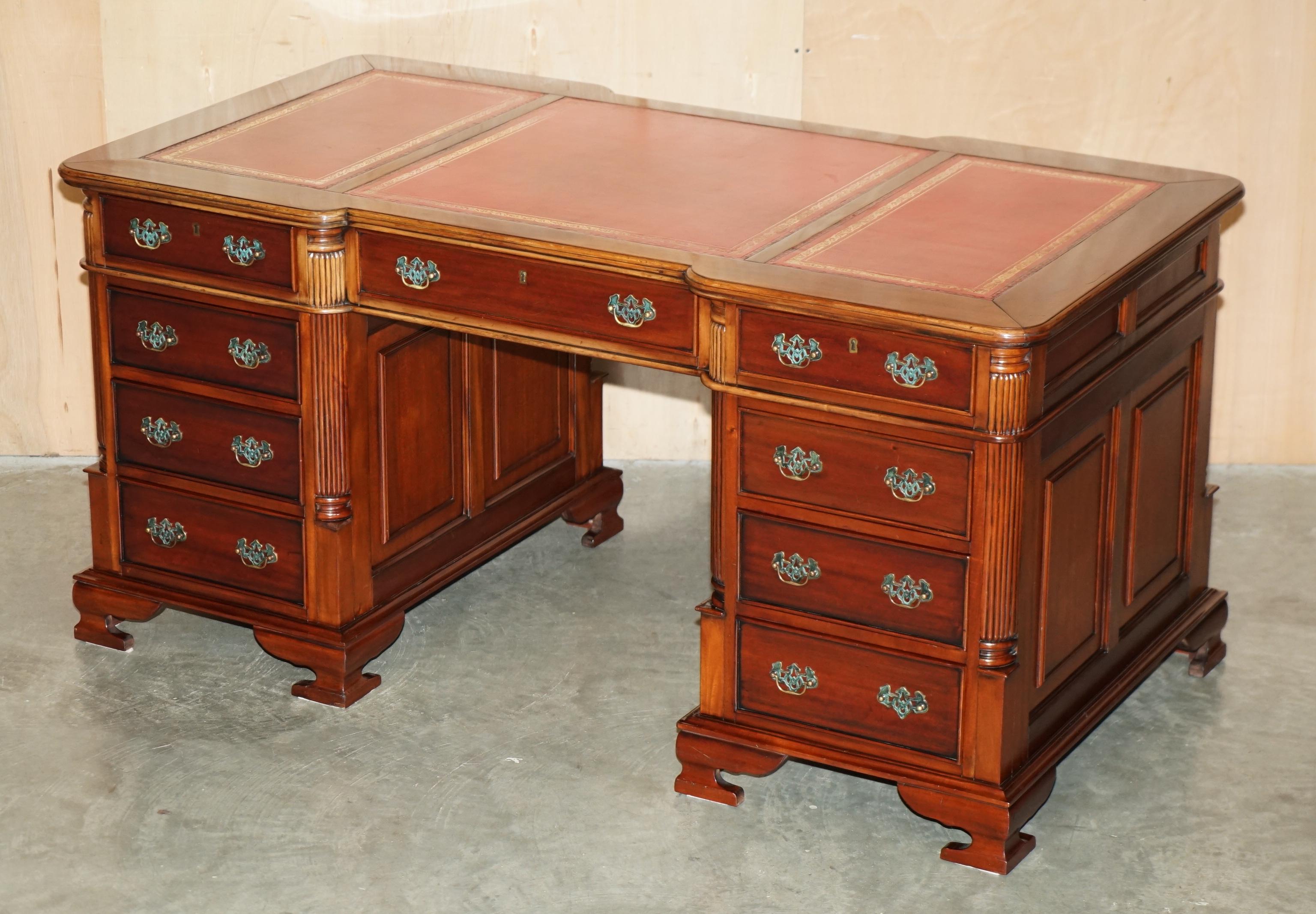 Royal House Antiques

Royal House Antiques is delighted to offer for sale this very nicely made vintage, Victoria collection, Mahogany with three panel oxblood leather top, double sided twin pedestal partner desk 

Please note the delivery fee