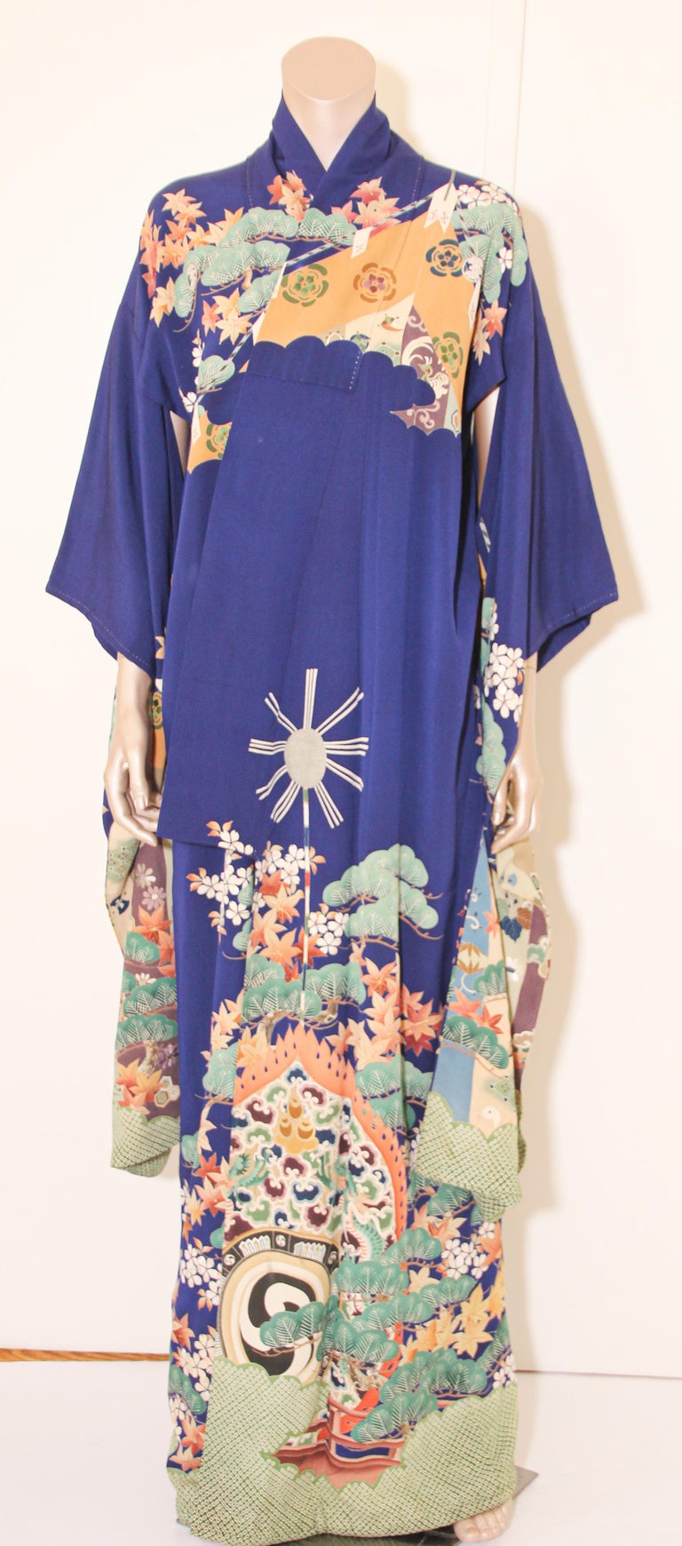 Fine Vintage Japanese Royal Blue Silk Kimono with Yuzen Design at 1stDibs