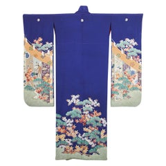 Fine Vintage Japanese Royal Blue Silk Kimono with Yuzen Design