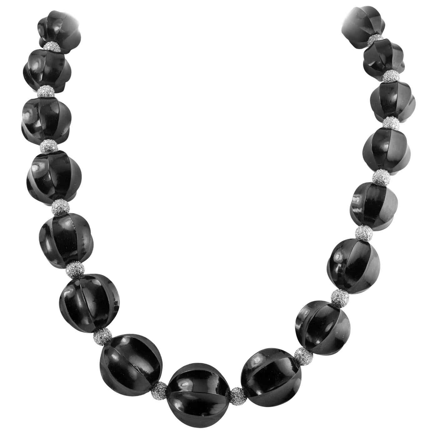 Fine Vintage Jet and Diamond-Set Bead Necklace