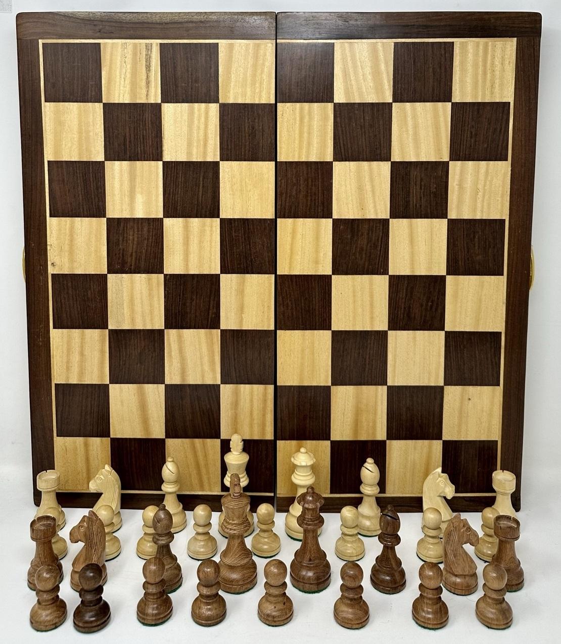 A Very Substantial Decorative French Polished Well Grained Dark Santos Mahogany and Boxwood Folding Chess Set of outstanding quality, good weight and seldom offered generous proportions (20