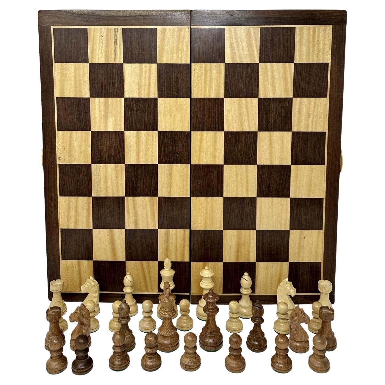 Fine Vintage Large French Polished Santos Mahogany Satinwood Folding Chess Set For Sale