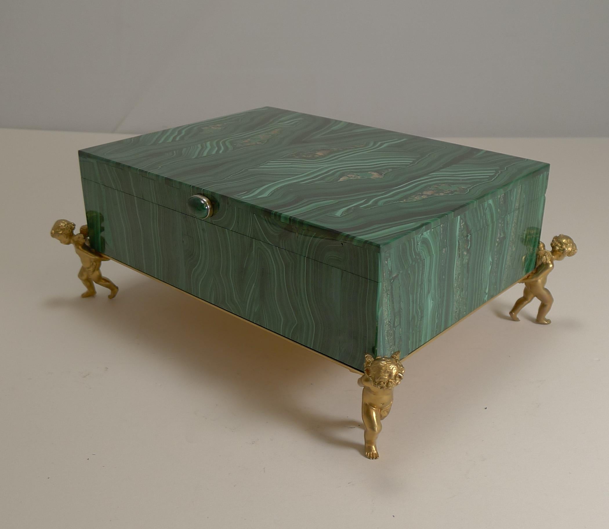 Fine Vintage Malachite Intarsia Box with Gilded Bronze Cherubs 4