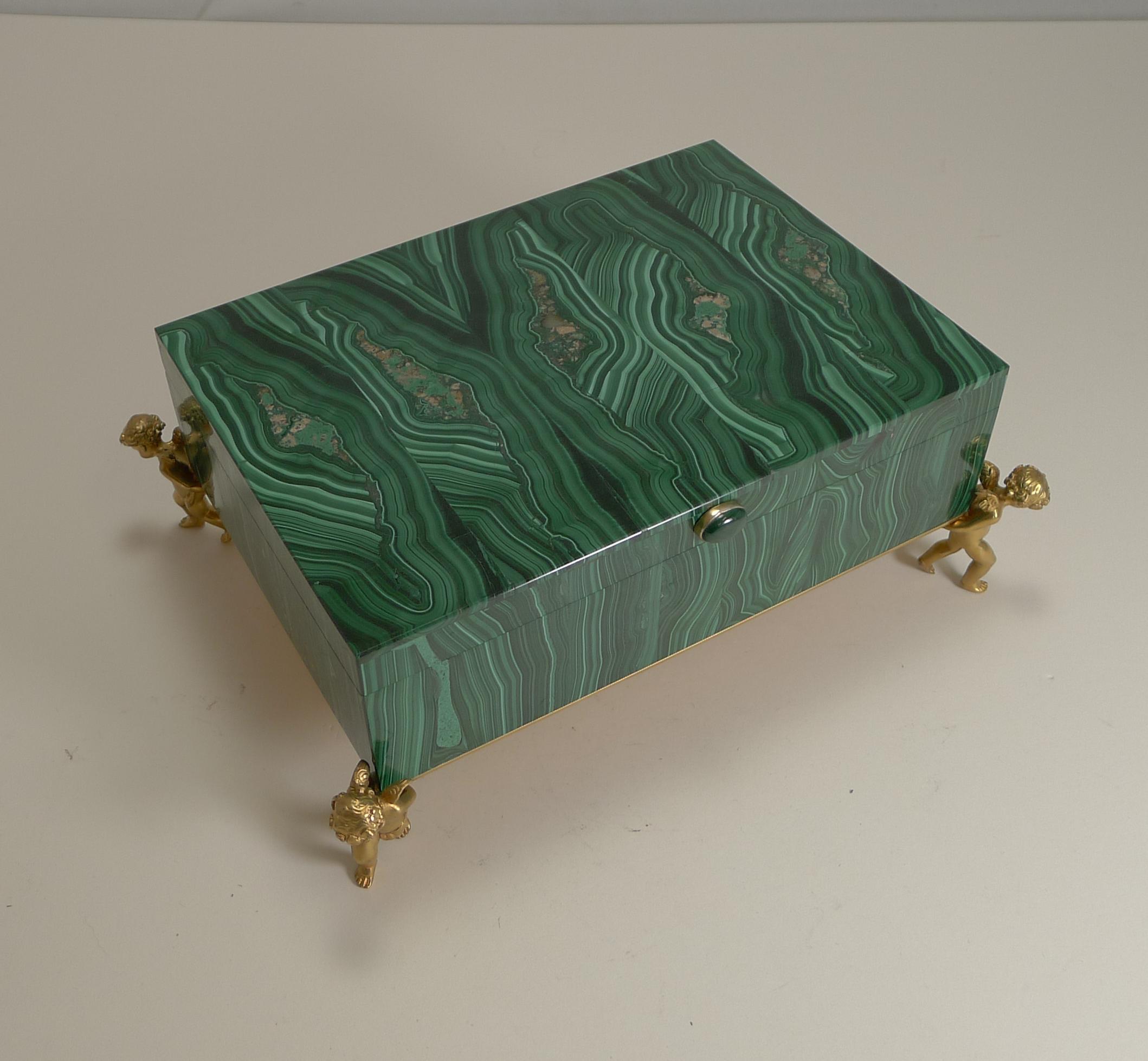 Fine Vintage Malachite Intarsia Box with Gilded Bronze Cherubs 5